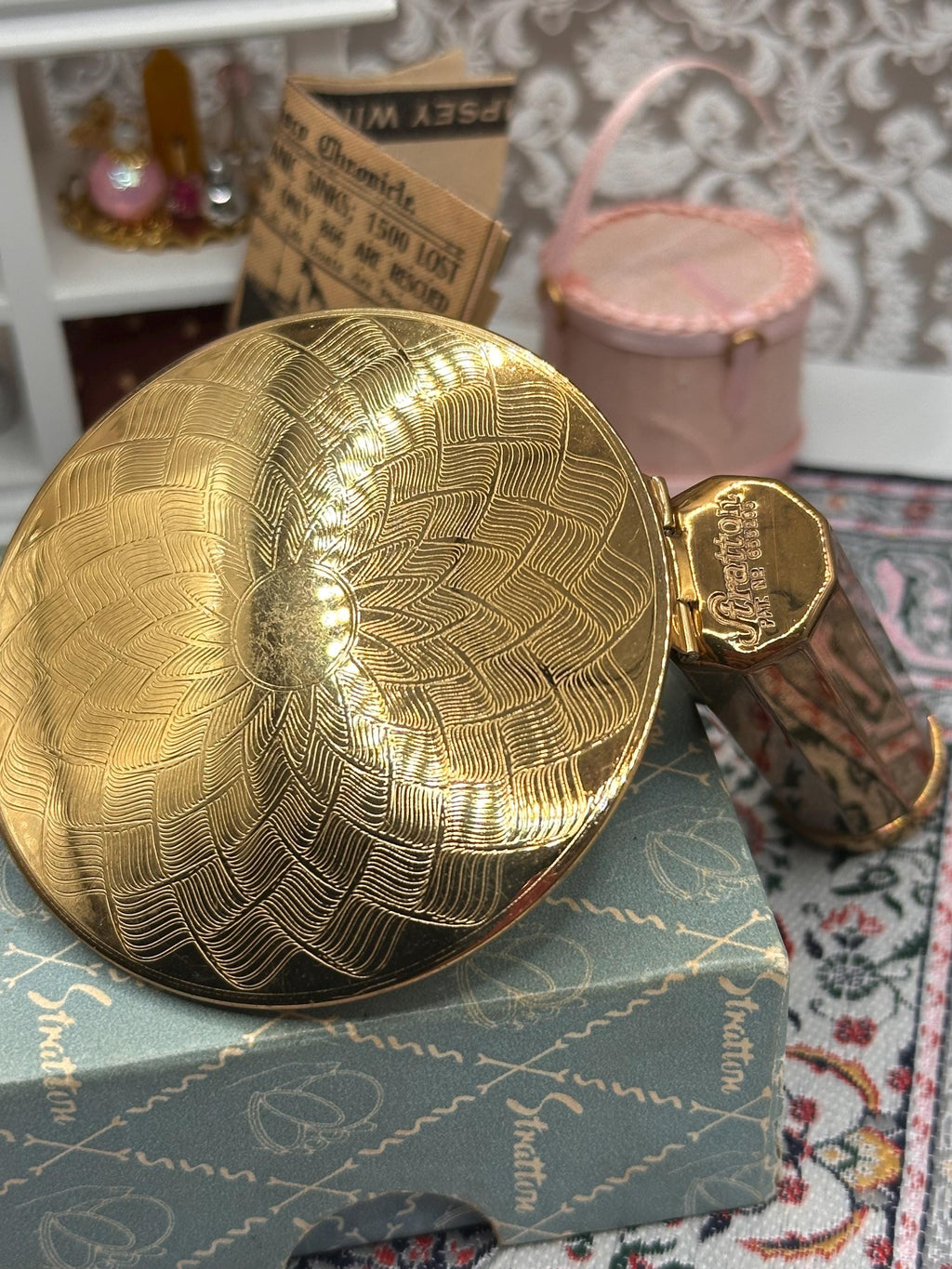 Vintage Stratton Lipstick Mirror with Original Box Tags & Fittings Gold Tone Vanity Mirror Lip View Made in England