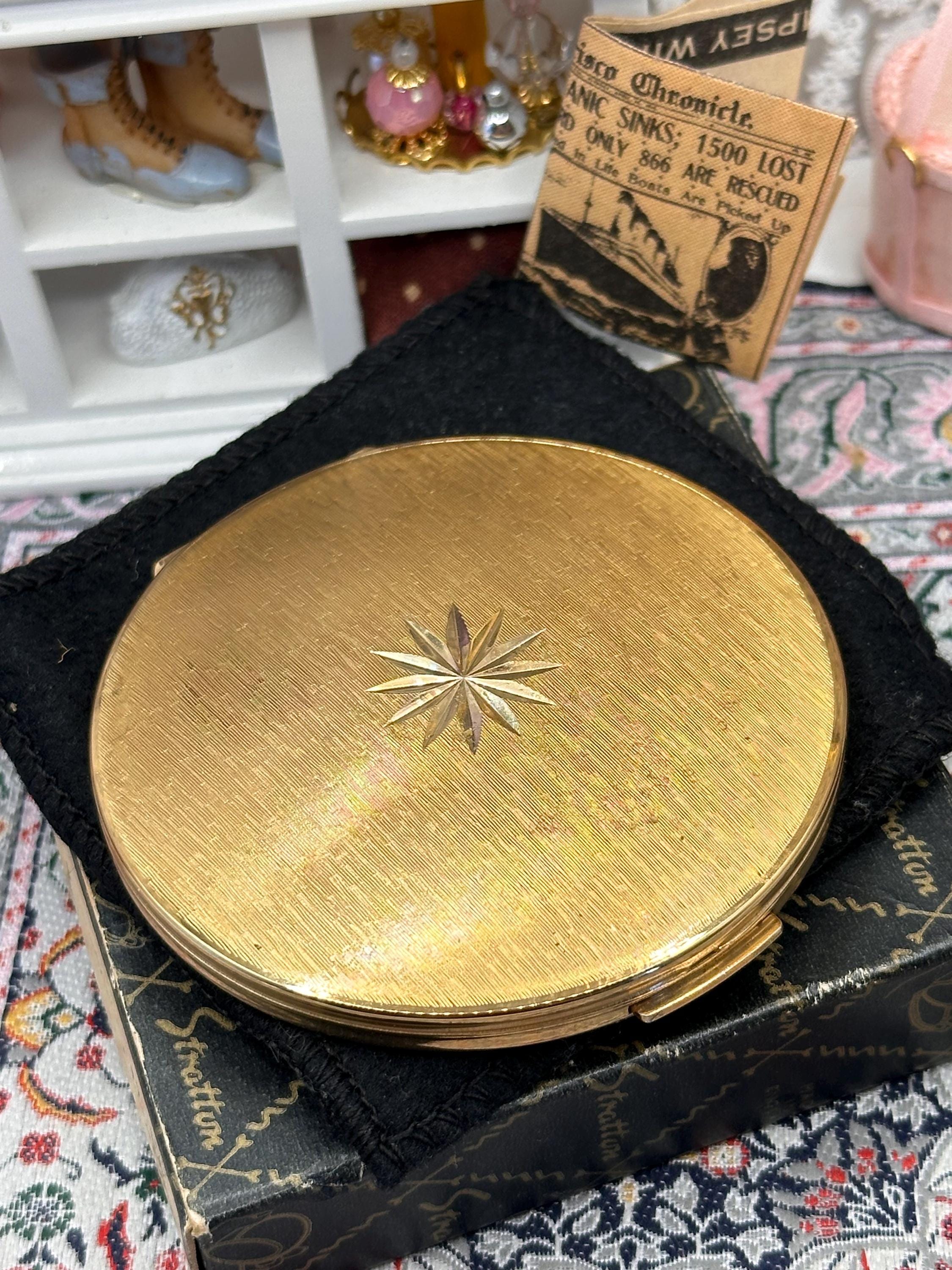 Vintage Stratton Slimline Powder Compact with Original Box & Pouch, Gold Tone Starburst Compact, Made in England