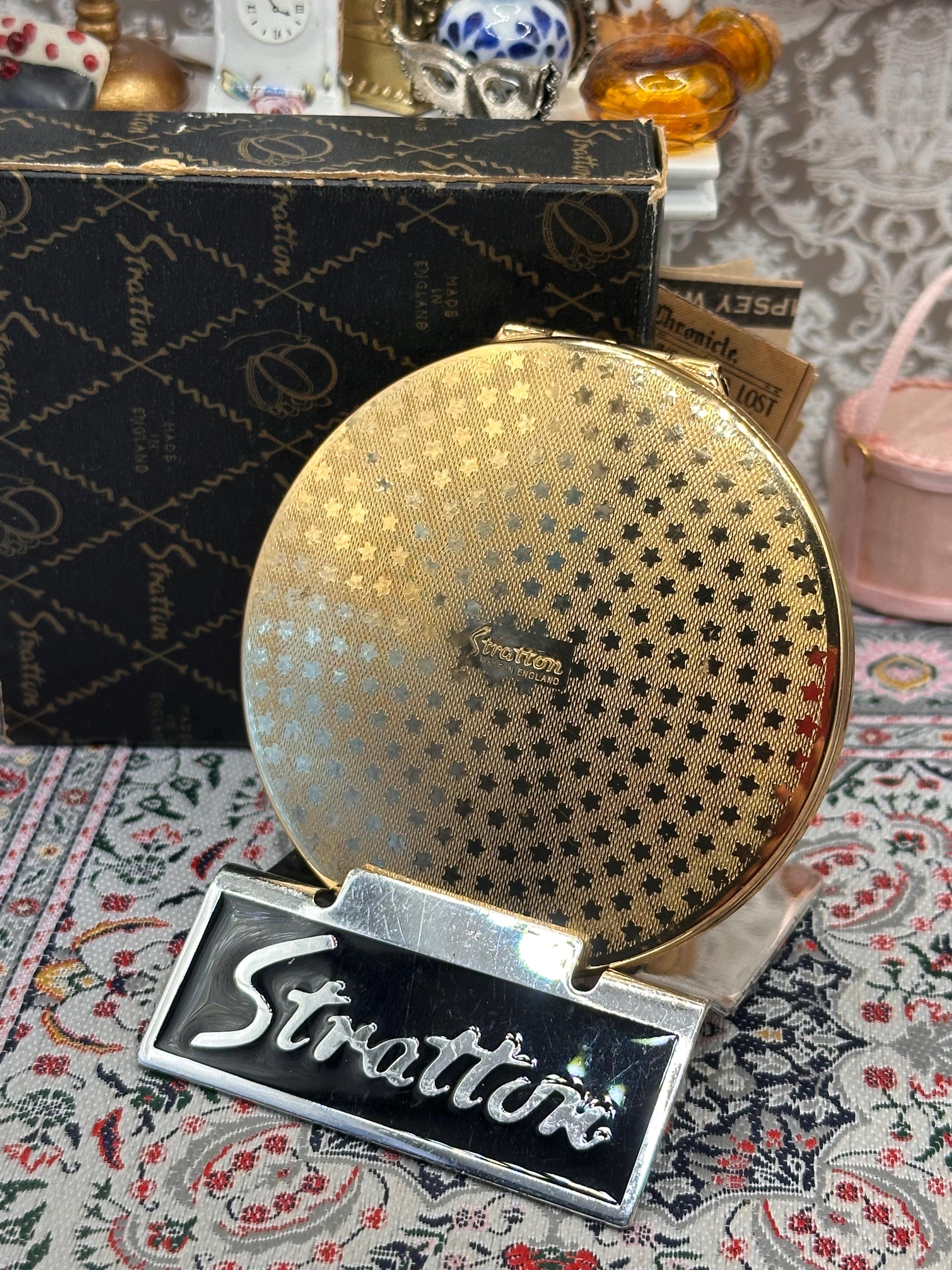 Vintage Stratton Slimline Powder Compact with Original Box & Pouch, Gold Tone Starburst Compact, Made in England