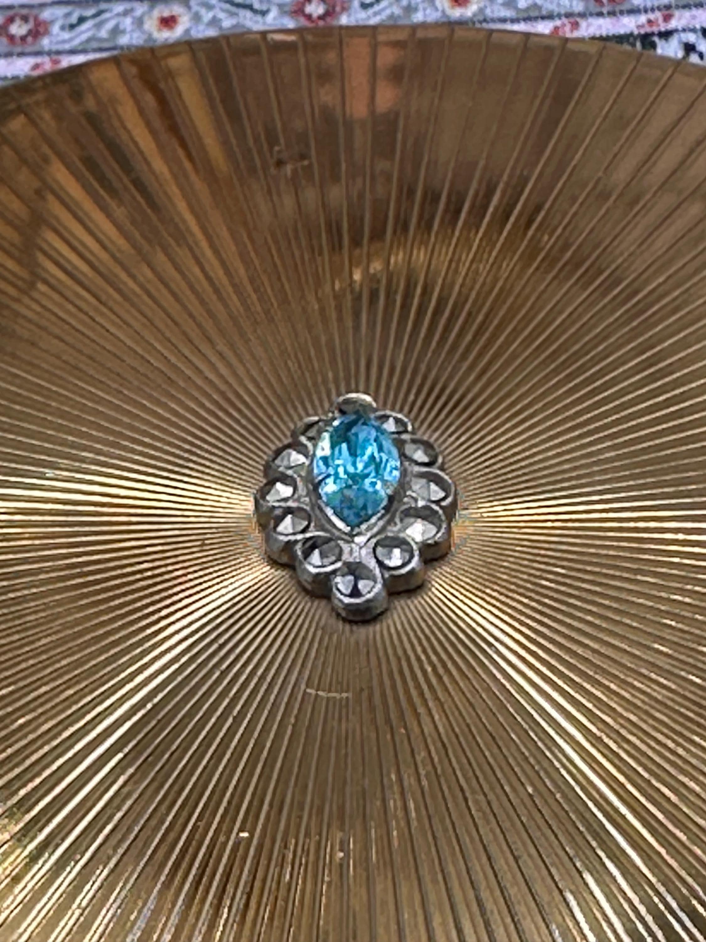 Vintage Le Rage Powder Compact, Large 9cm Gold Tone Compact Mirror, Blue Rhinestone Vanity Compact, British Vintage Makeup Compact