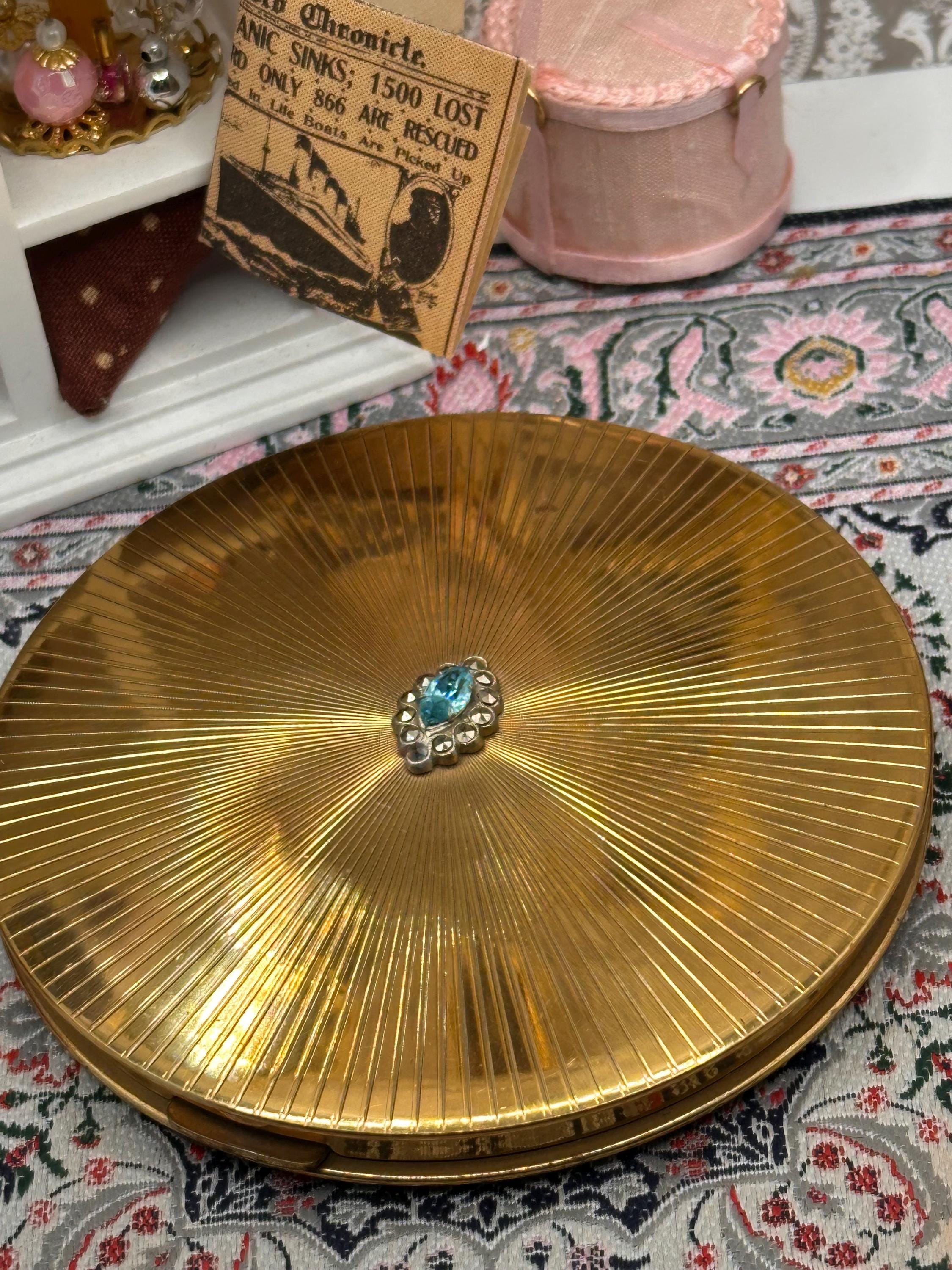 Vintage Le Rage Powder Compact, Large 9cm Gold Tone Compact Mirror, Blue Rhinestone Vanity Compact, British Vintage Makeup Compact