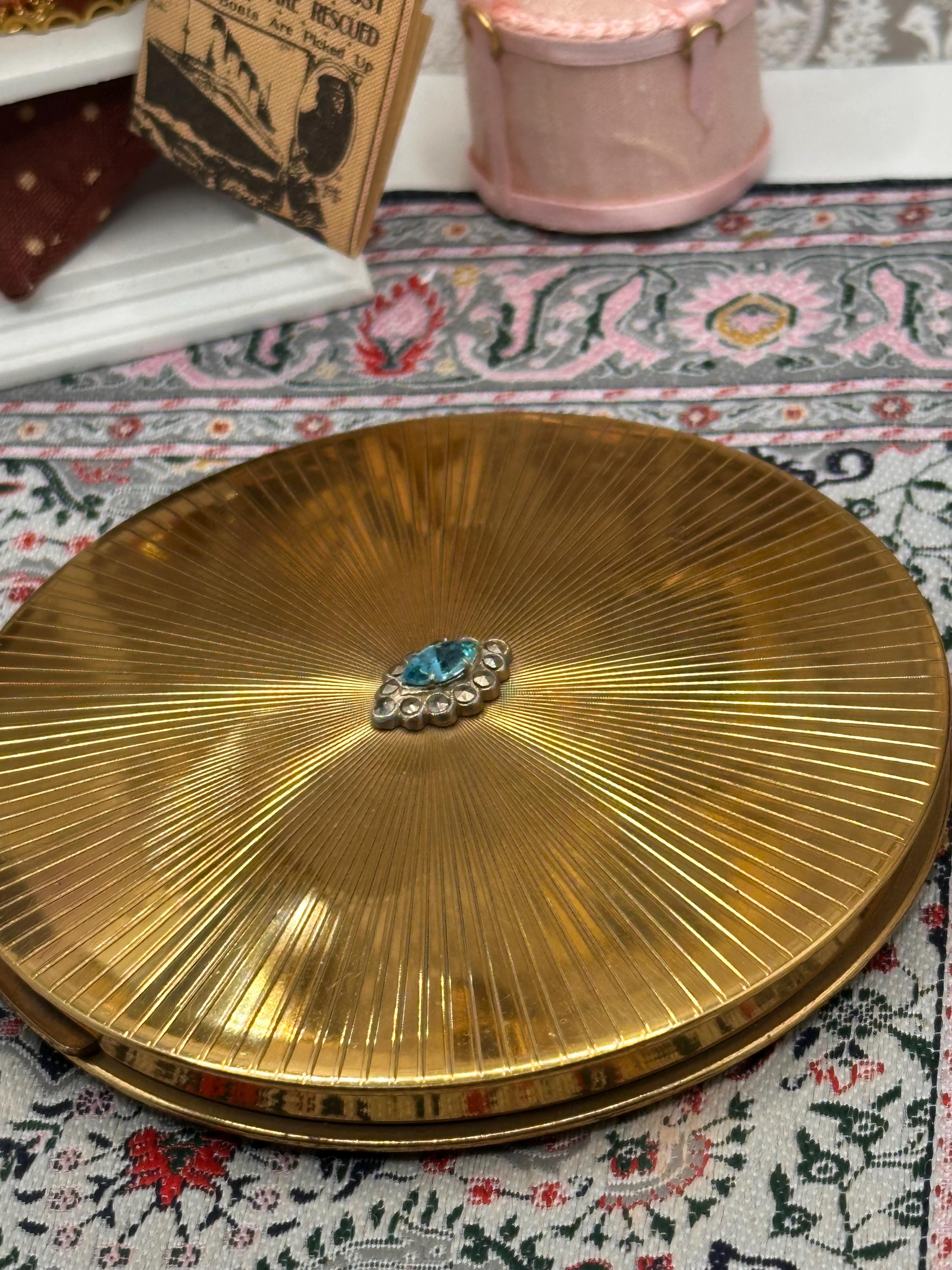 Vintage Le Rage Powder Compact, Large 9cm Gold Tone Compact Mirror, Blue Rhinestone Vanity Compact, British Vintage Makeup Compact