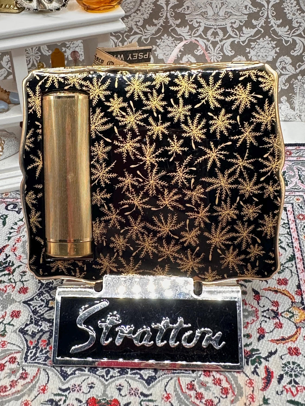 Vintage Stratton No 2 Powder Compact, Black and Gold Snowflake Design, Stratton Convertible Compact, Mid Century Vanity Compact, Collectible