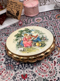 Vintage Kigu Musical Powder Compact – Romantic Courting Scene Enamel Compact – Gold Tone Vanity Compact – Working Musical Compact – 1950s