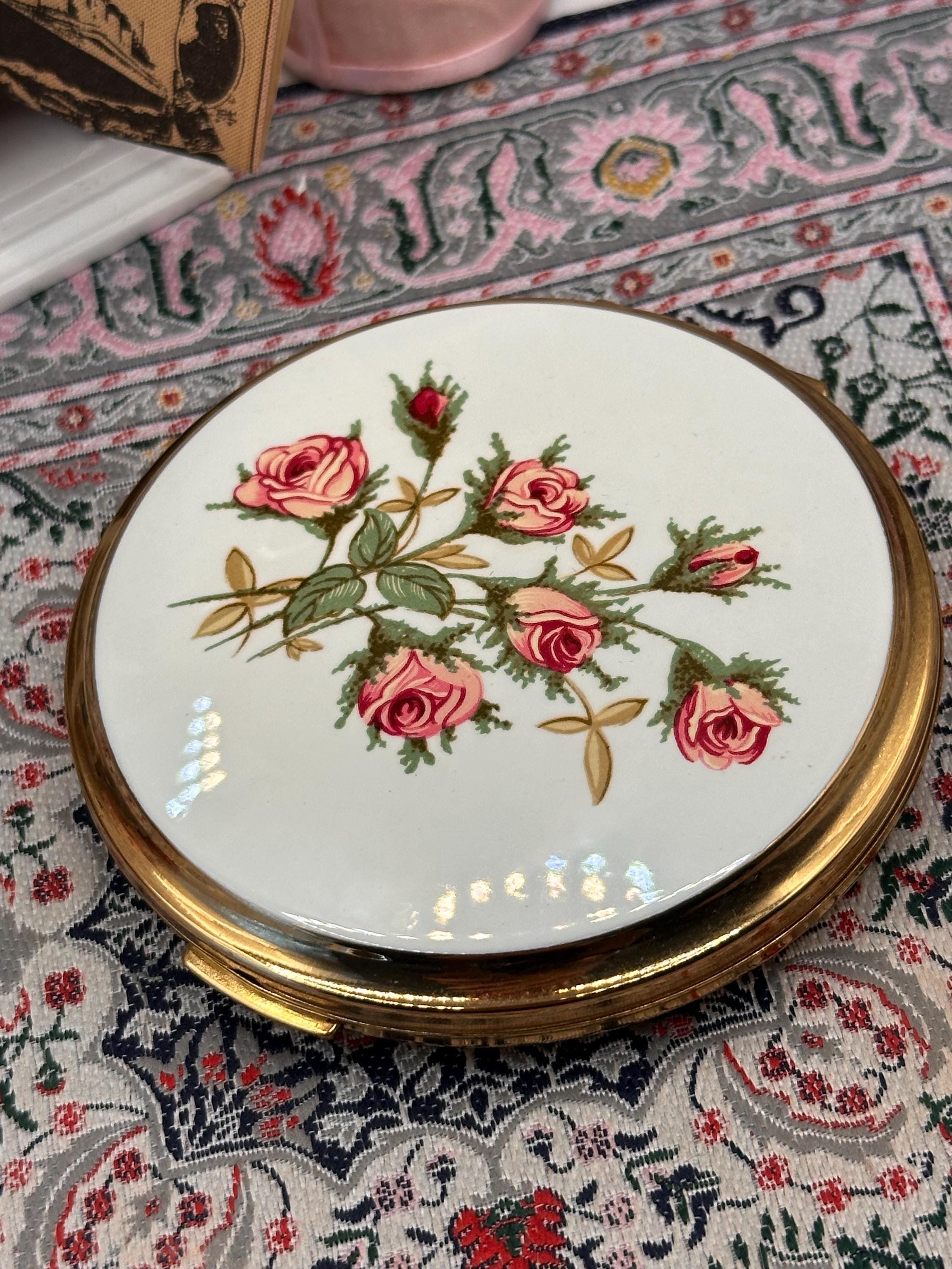 Vintage Stratton Powder Compact – Pink Rose Design – 8cm Compact Mirror – With Original Puff, Sifter & Pouch – Made in England