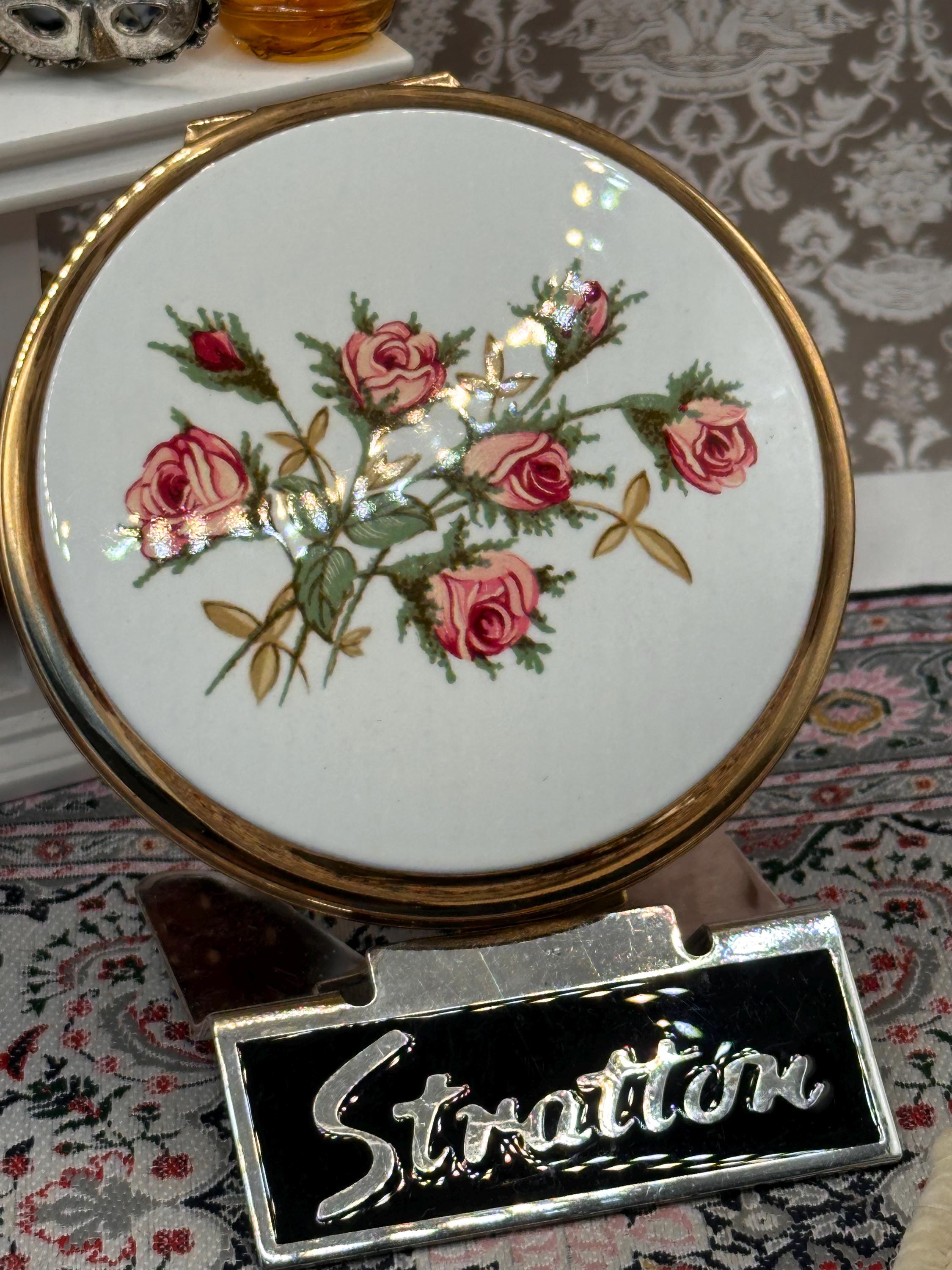 Vintage Stratton Powder Compact – Pink Rose Design – 8cm Compact Mirror – With Original Puff, Sifter & Pouch – Made in England