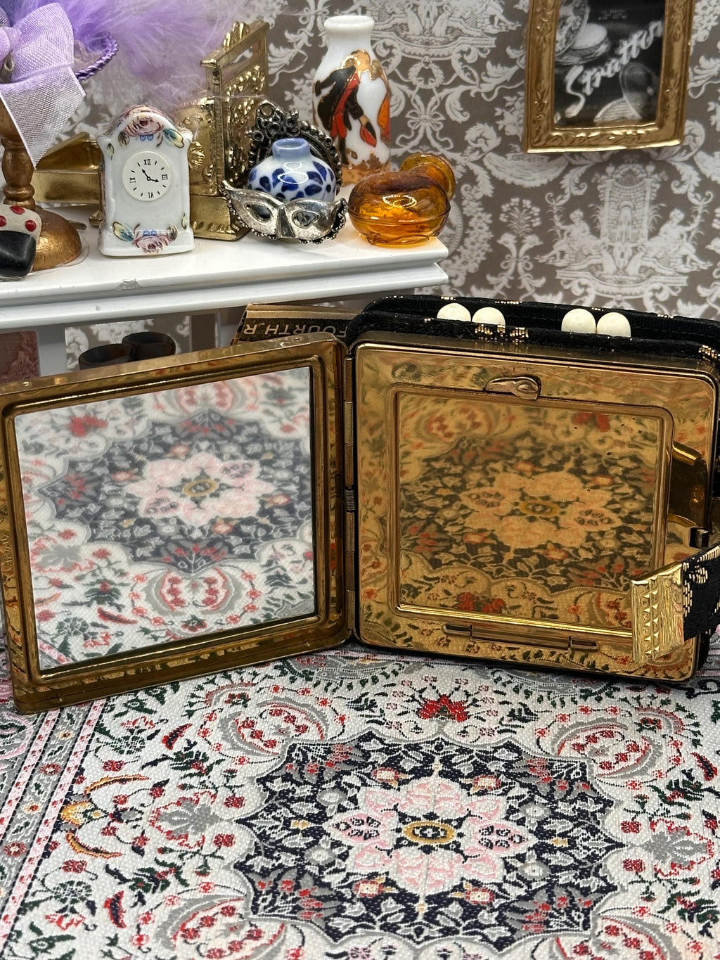 Vintage West German Vanity Compact Carryall Set – Powder Compact, Lipstick Holder & Manicure Kit – Black Gold Fabric Minaudière Style Case