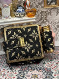 Vintage West German Vanity Compact Carryall Set – Powder Compact, Lipstick Holder & Manicure Kit – Black Gold Fabric Minaudière Style Case