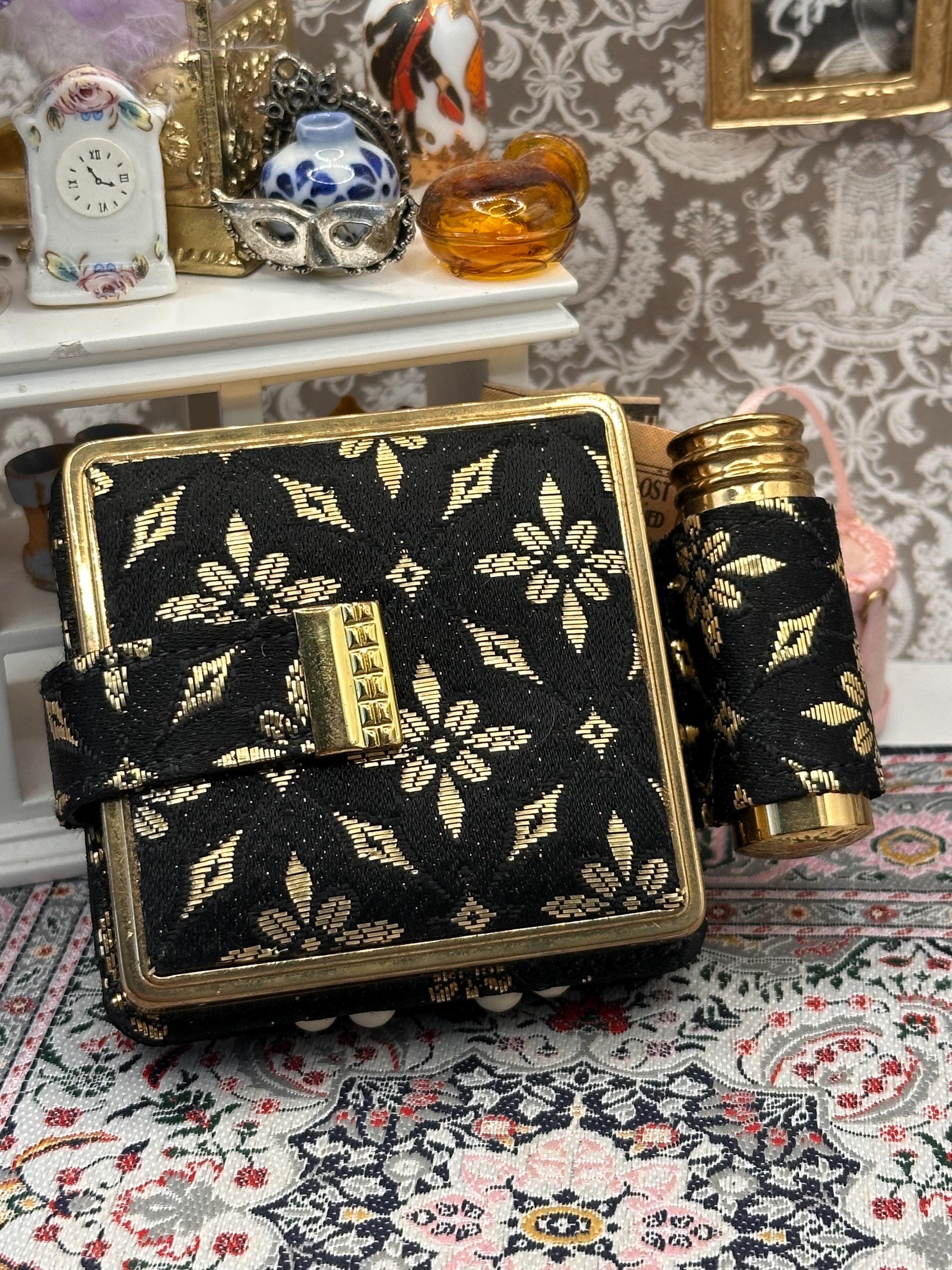 Vintage West German Vanity Compact Carryall Set – Powder Compact, Lipstick Holder & Manicure Kit – Black Gold Fabric Minaudière Style Case