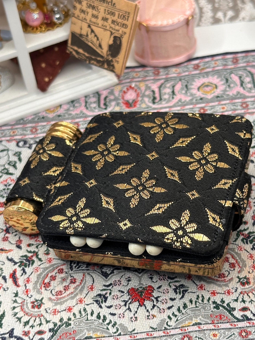 Vintage West German Vanity Compact Carryall Set – Powder Compact, Lipstick Holder & Manicure Kit – Black Gold Fabric Minaudière Style Case