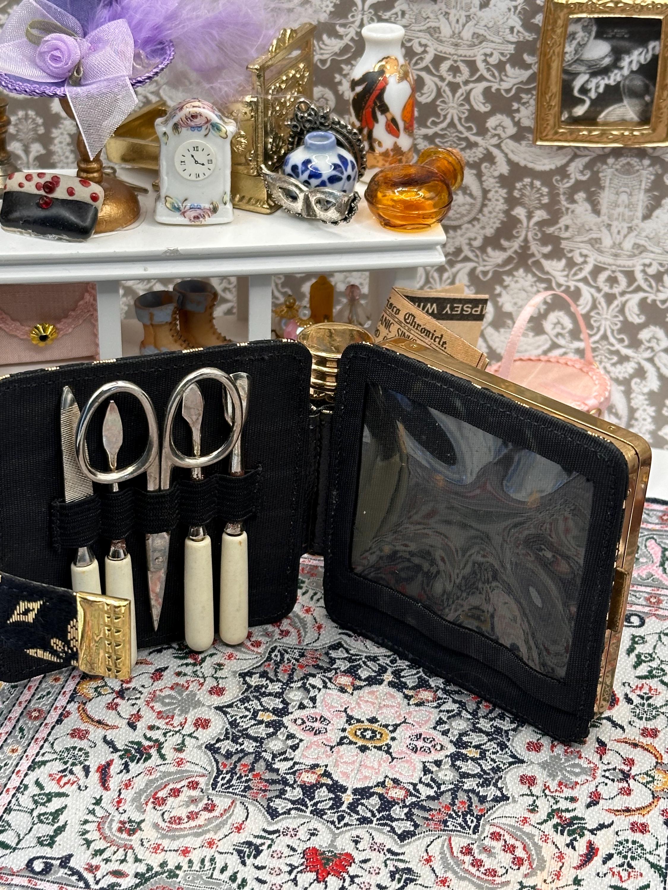Vintage West German Vanity Compact Carryall Set – Powder Compact, Lipstick Holder & Manicure Kit – Black Gold Fabric Minaudière Style Case