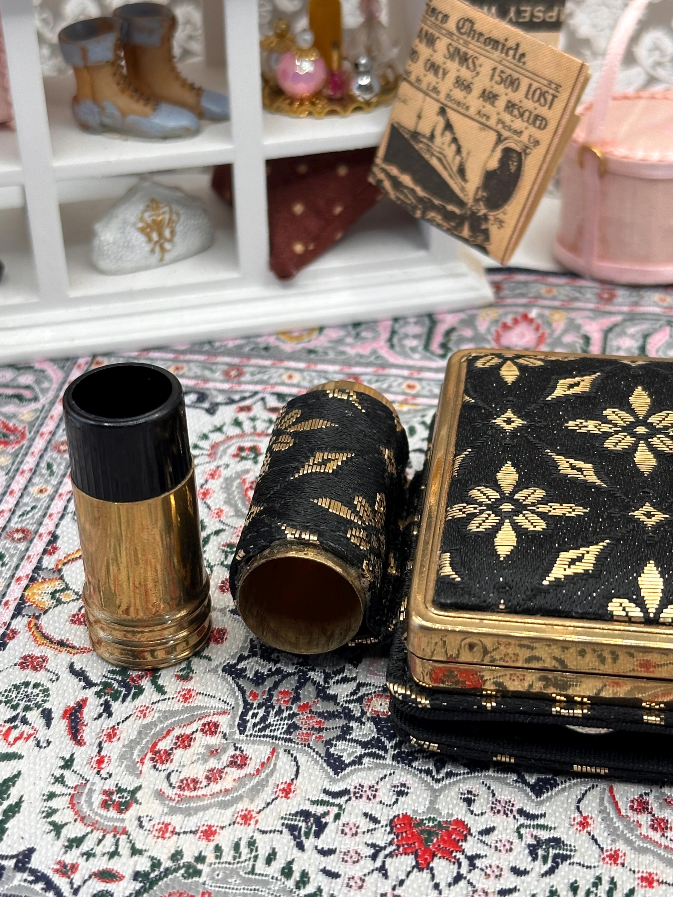 Vintage West German Vanity Compact Carryall Set – Powder Compact, Lipstick Holder & Manicure Kit – Black Gold Fabric Minaudière Style Case