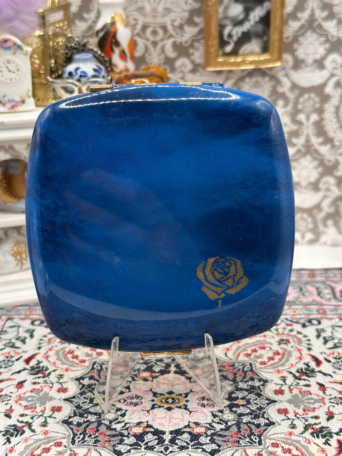 Vintage Melissa Blue Enamel Powder Compact with Gold Rose Motif | Mid Century Vanity Compact | Collectible Powder Compact 8cm