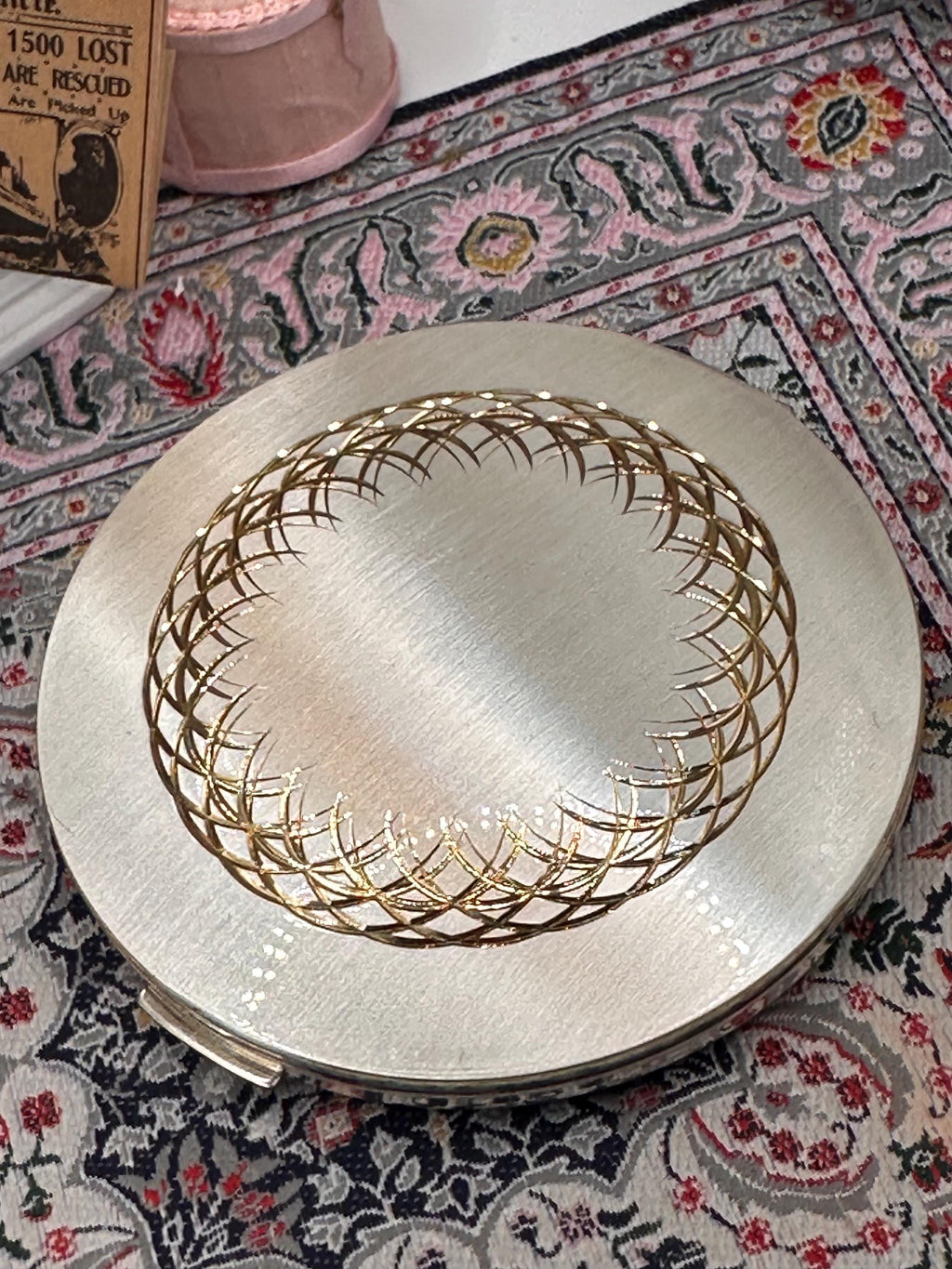 Vintage Stratton Silver Plated Powder Compact with Original Box & Pouch, Convertible Powder Compact, Engine Turned Gold Swirl Design