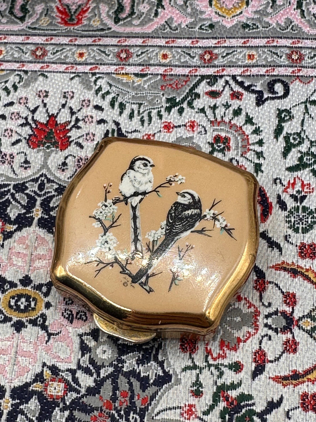 Vintage Stratton Pill Box Bird Design Trinket Box Gold Tone Vanity Box Made in England