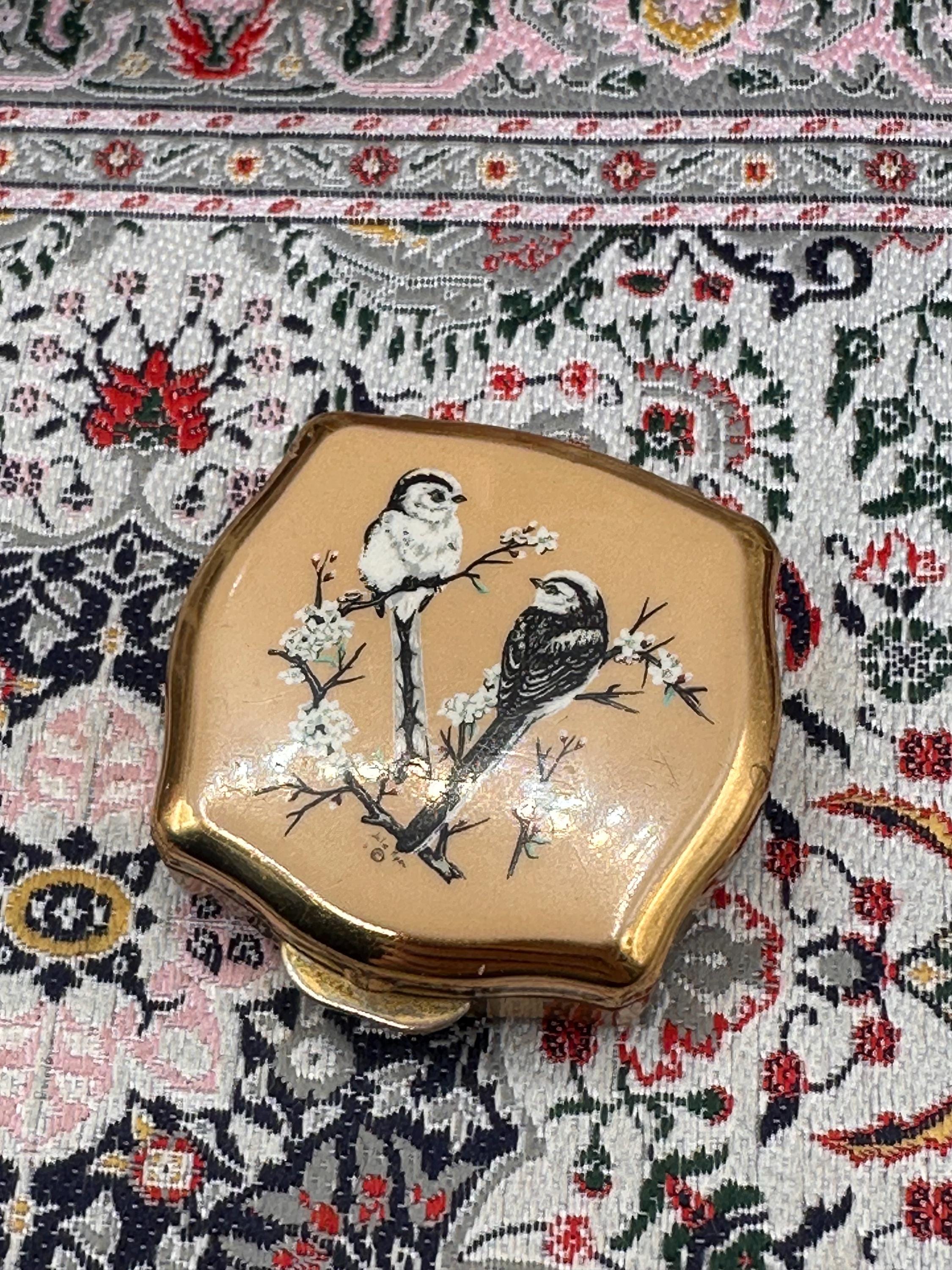 Vintage Stratton Pill Box Bird Design Trinket Box Gold Tone Vanity Box Made in England