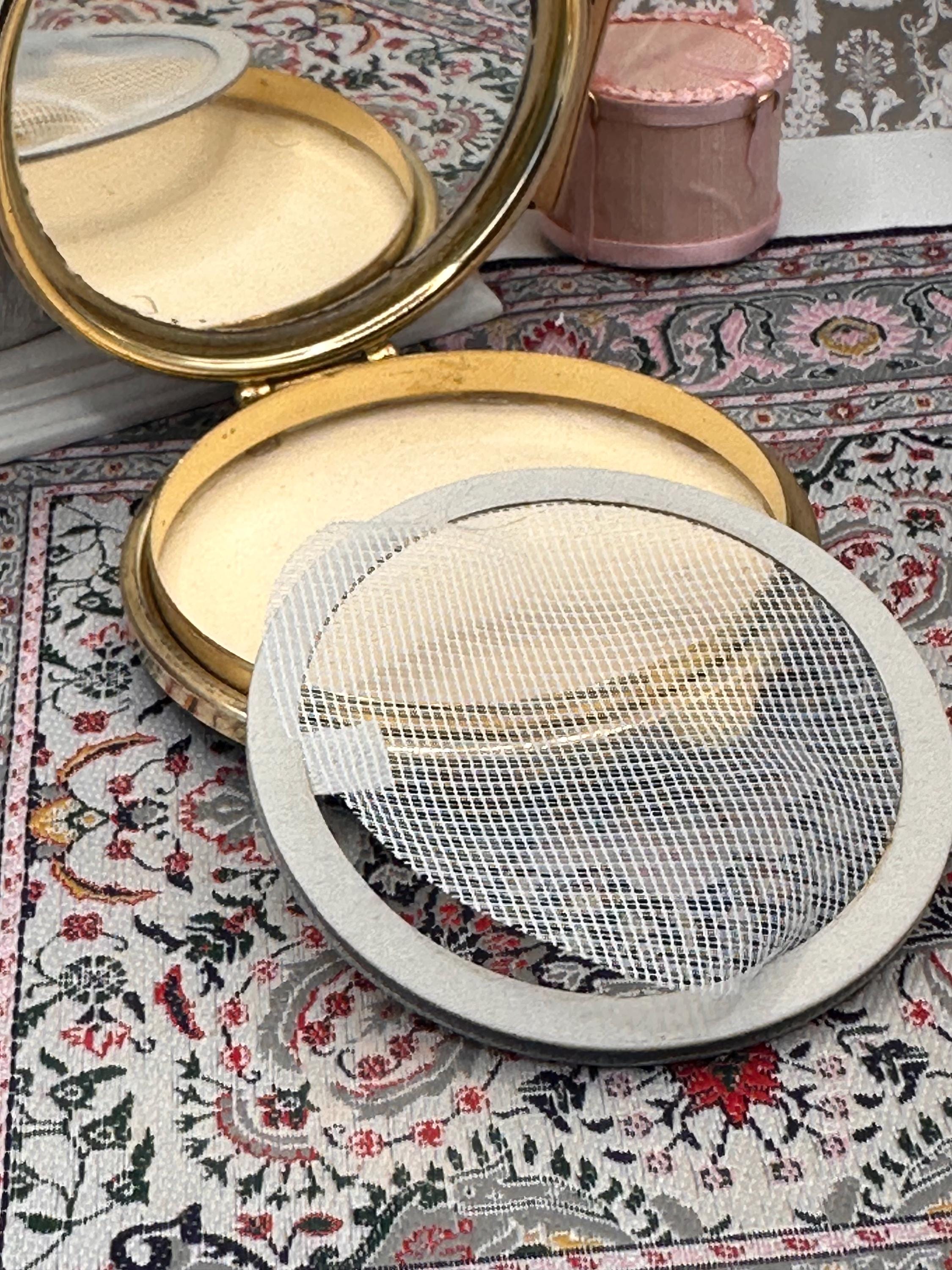Vintage Leather Powder Compact Damascene Style Enamel Lid Vanity Compact Mirror Compact 1950s Vanity Accessory