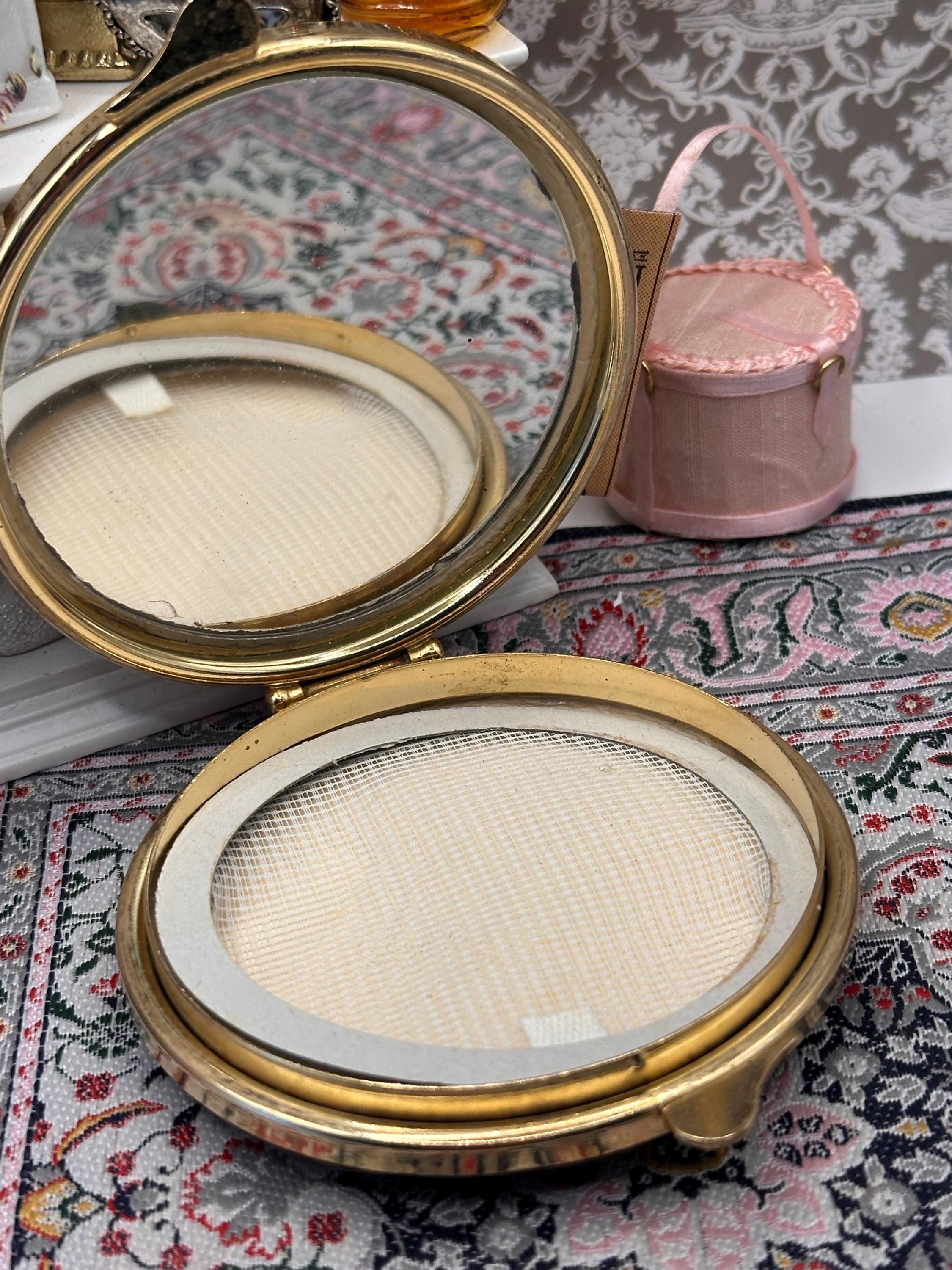 Vintage Leather Powder Compact Damascene Style Enamel Lid Vanity Compact Mirror Compact 1950s Vanity Accessory