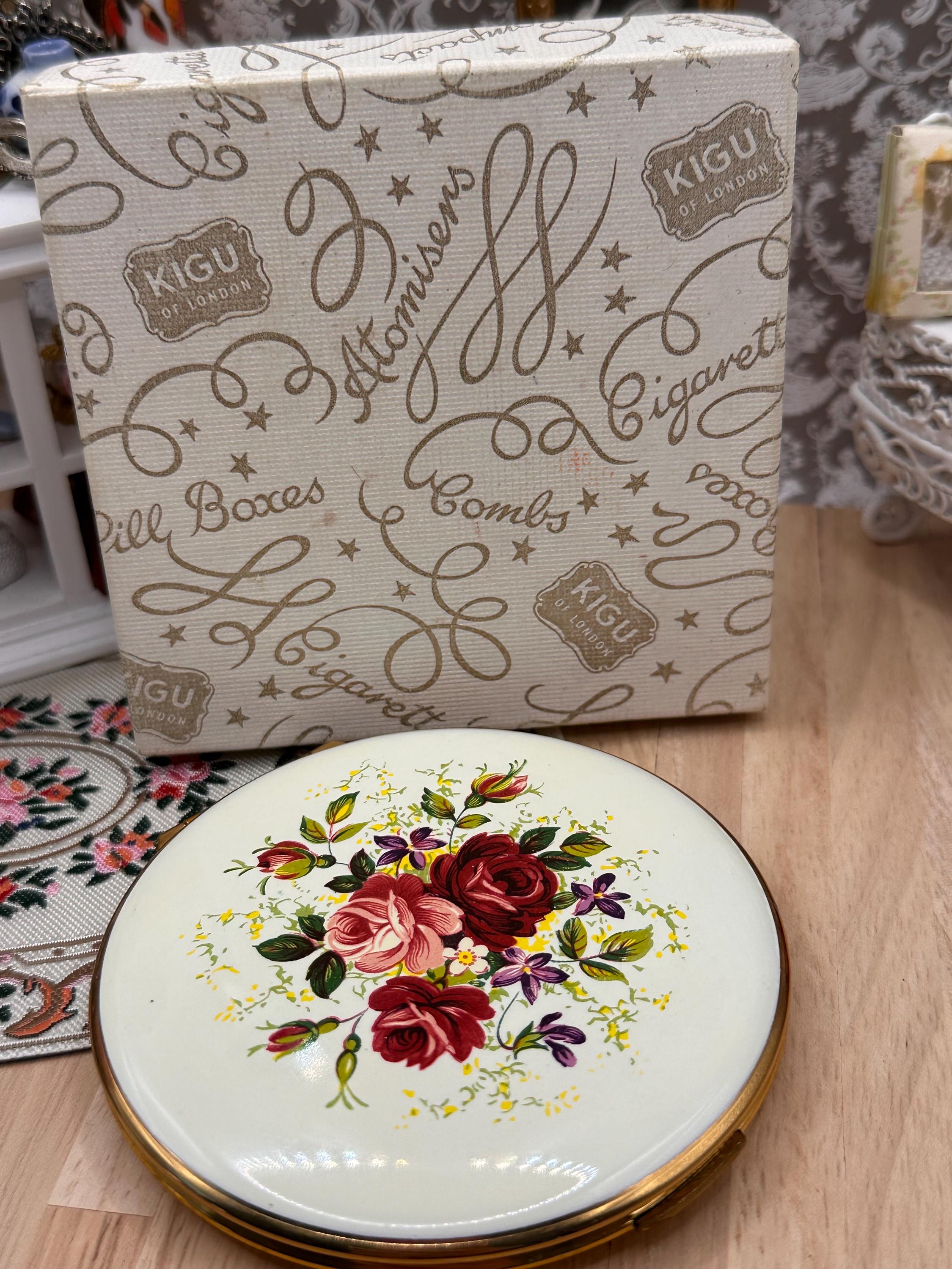 Vintage Kigu Powder Compact White Enamel Rose Bouquet Design with Original Box & Pouch 1950s Vanity Collectible