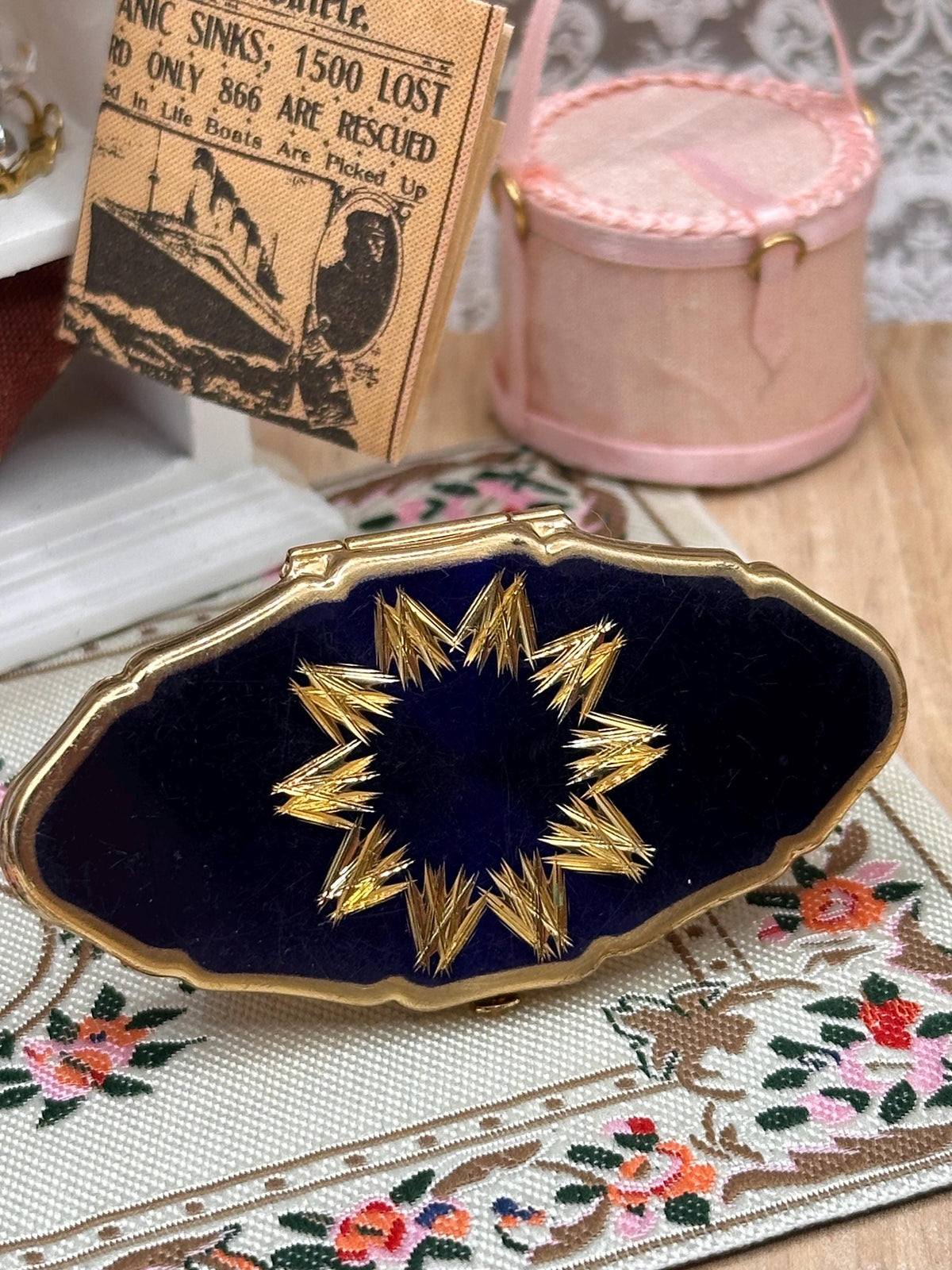 Vintage Stratton Lipview Mirror Blue Enamel Starburst Design Gold Tone Made in England