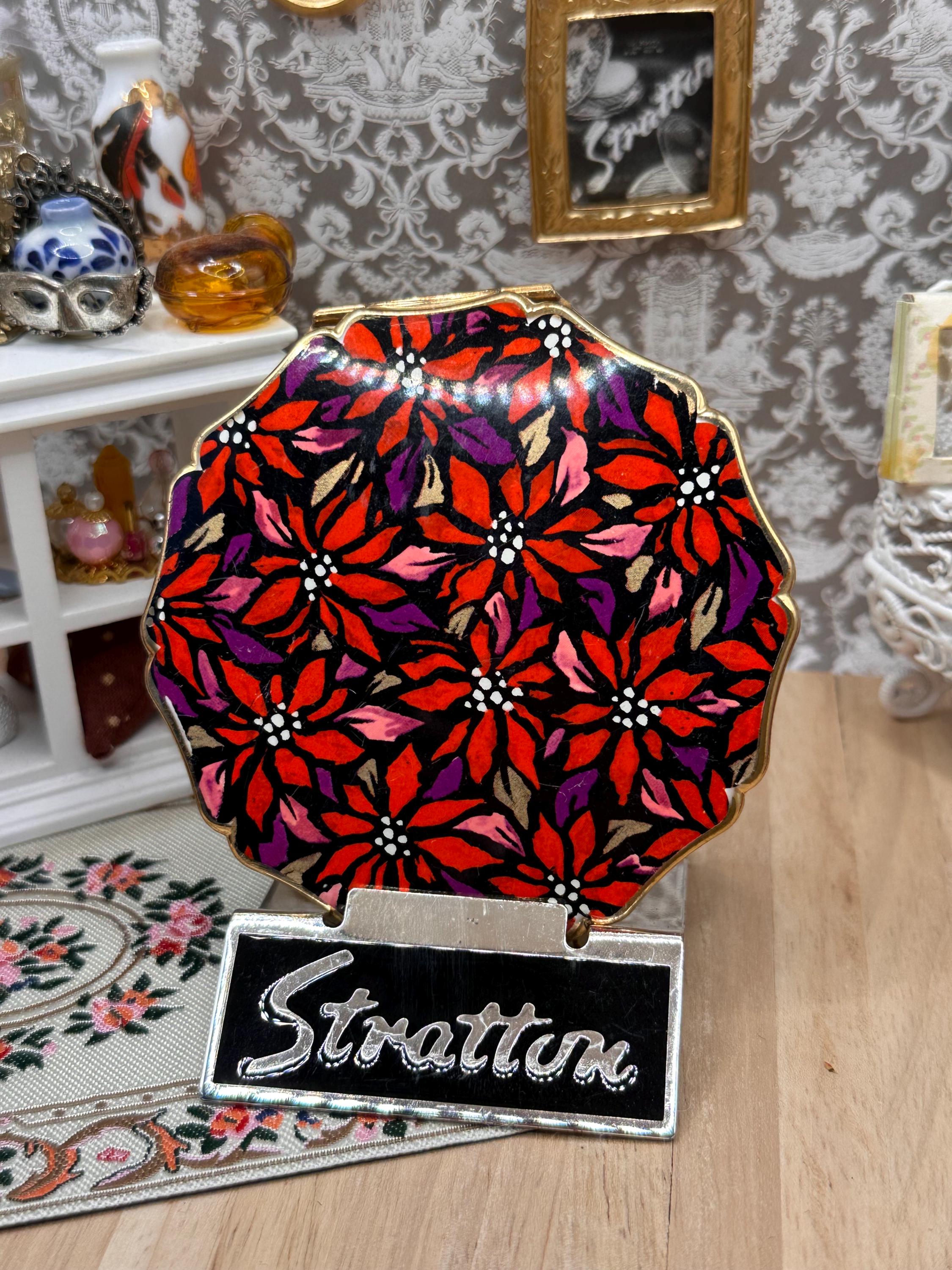 Vintage Stratton Powder Compact Red Floral Design Gold Tone Mirror Compact Made in England