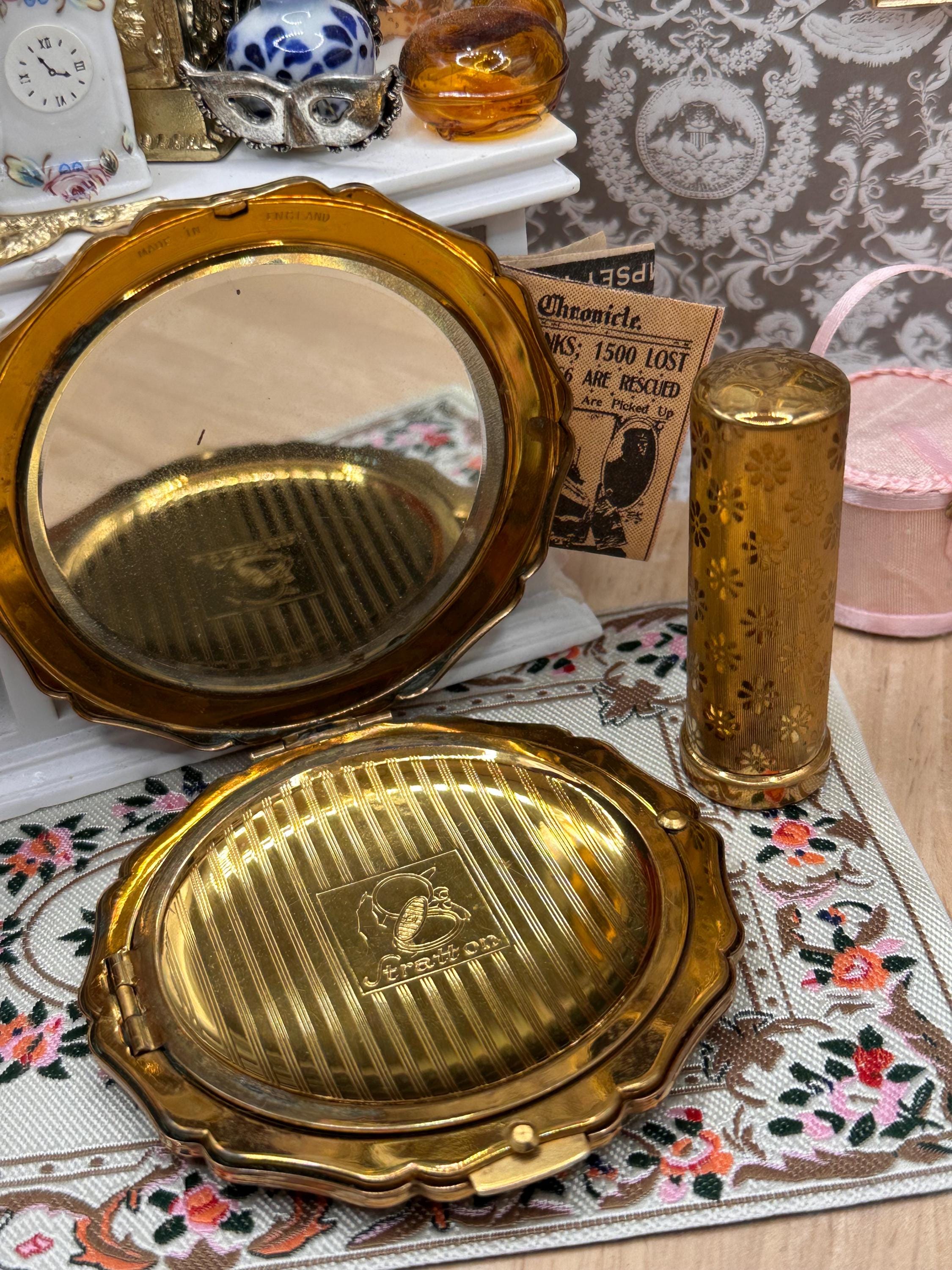 Vintage Stratton Boxed Matching Compact & Lipstick Holder Set | Gold Tone Floral Engine Turned | Original Puff | Vanity Gift