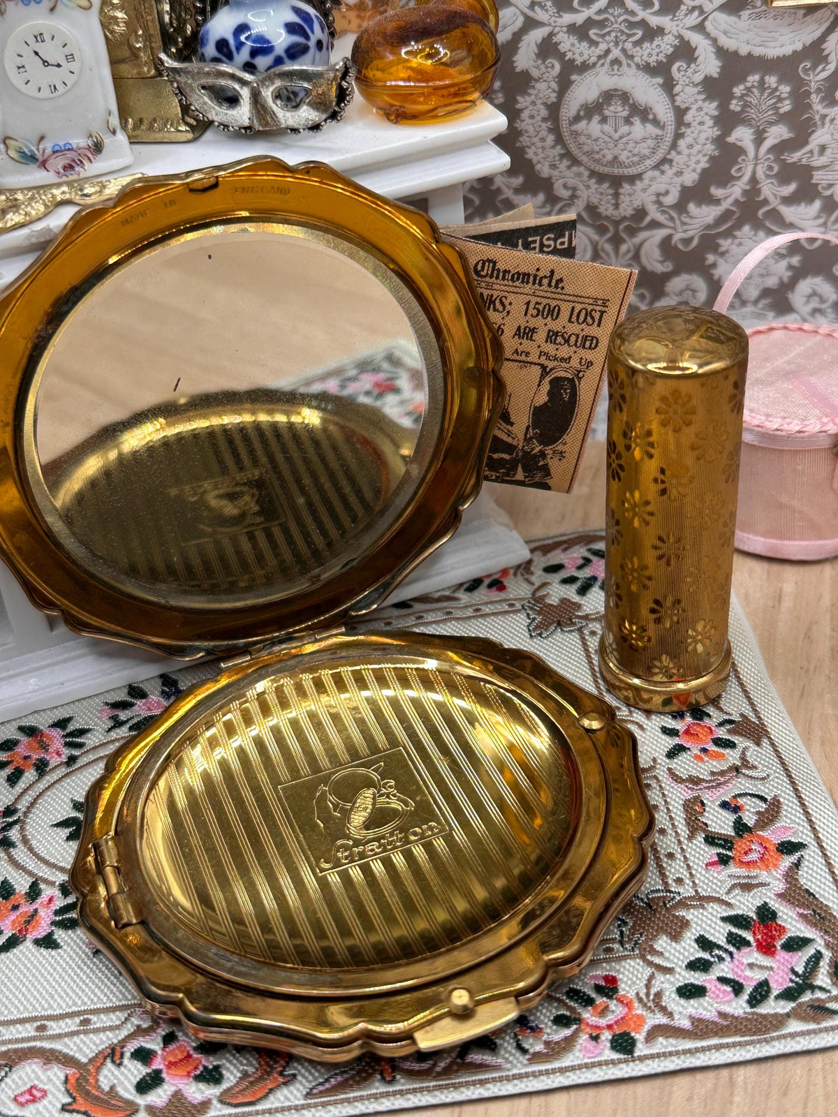 Vintage Stratton Boxed Matching Compact & Lipstick Holder Set | Gold Tone Floral Engine Turned | Original Puff | Vanity Gift