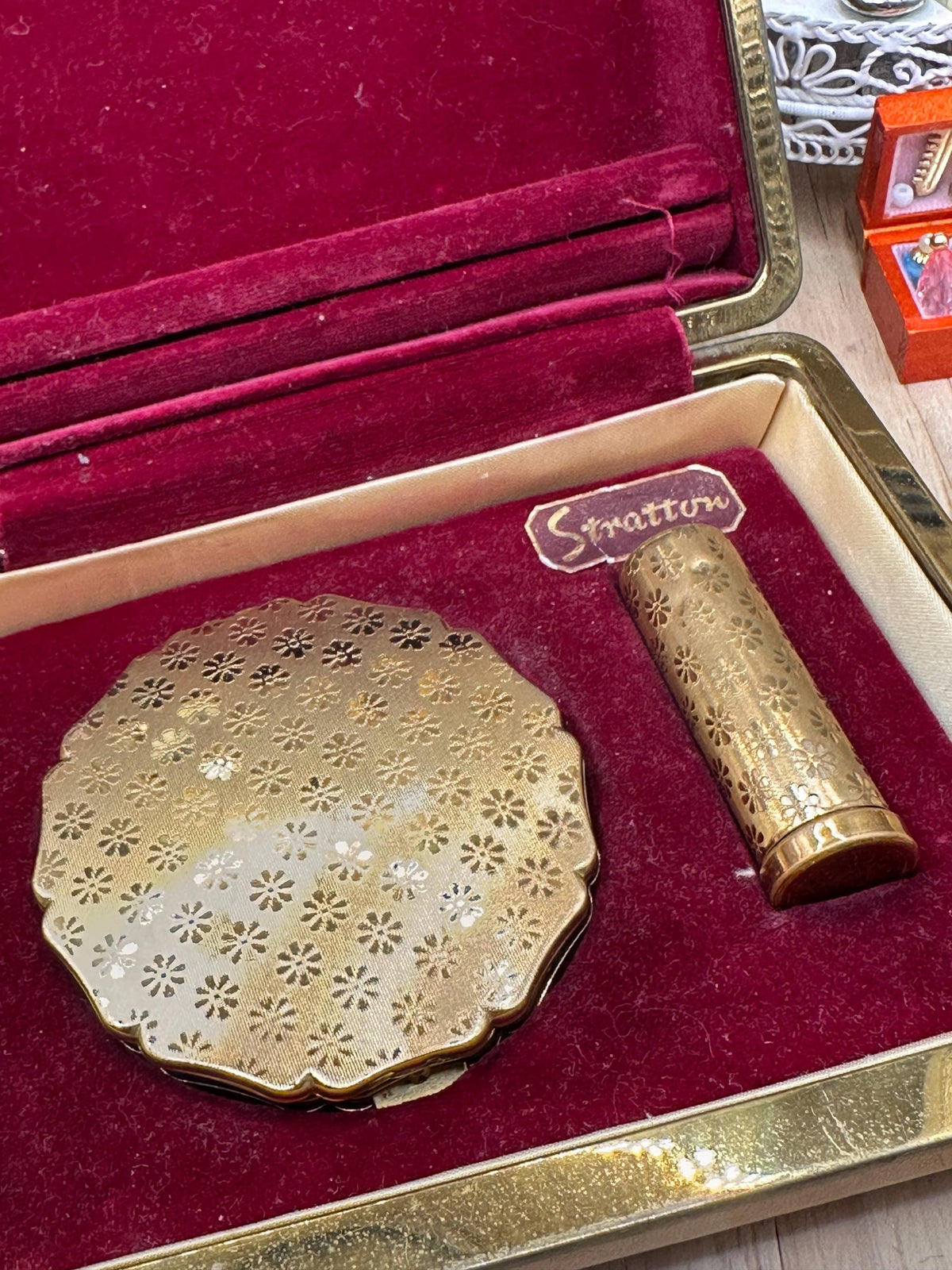 Vintage Stratton Boxed Matching Compact & Lipstick Holder Set | Gold Tone Floral Engine Turned | Original Puff | Vanity Gift