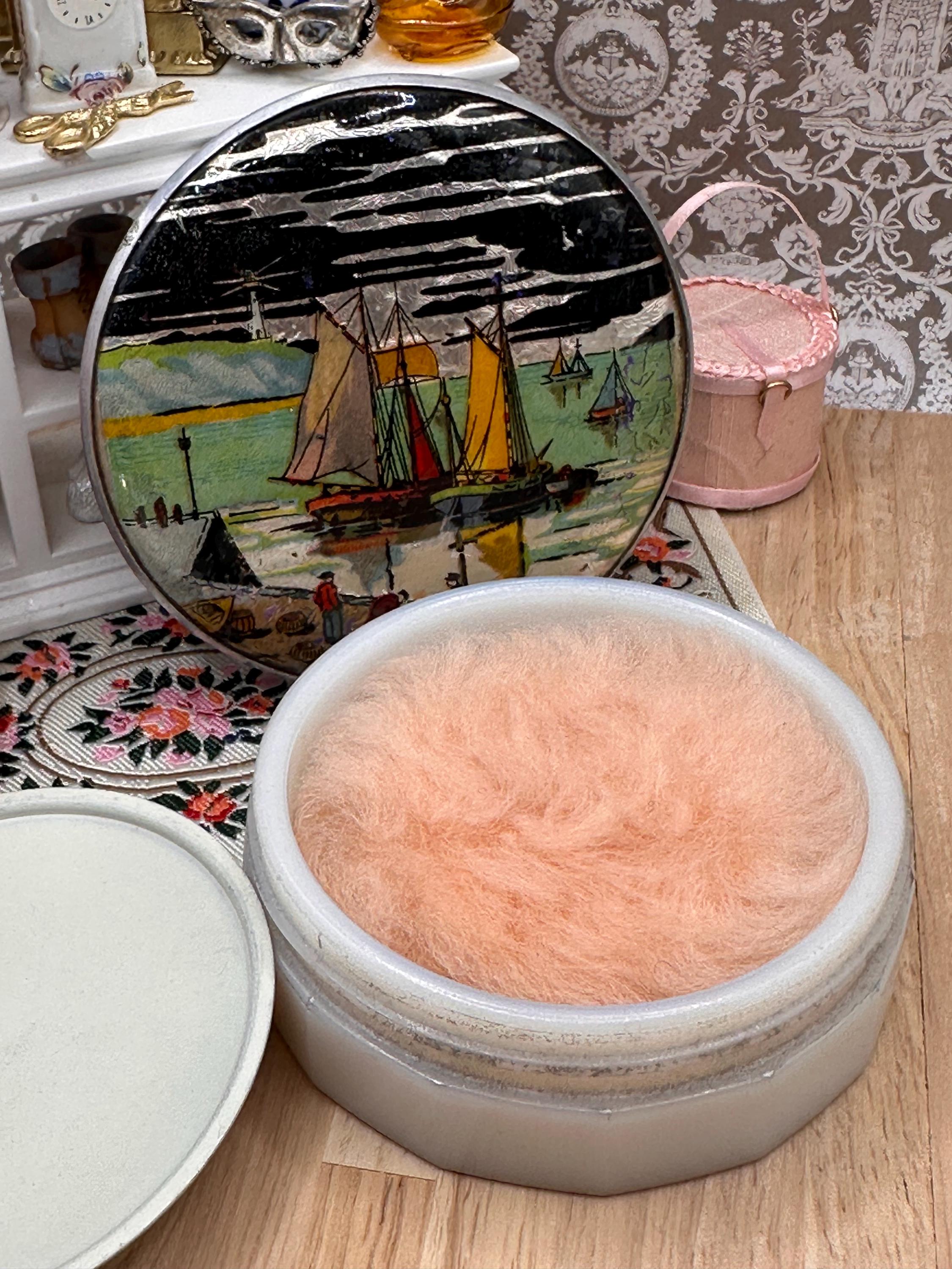 Vintage Gwenda Foiled Harbour Scene Powder Bowl with Original Puff & Inner Cover – Art Deco Milk Glass Vanity Powder Pot – Made in England