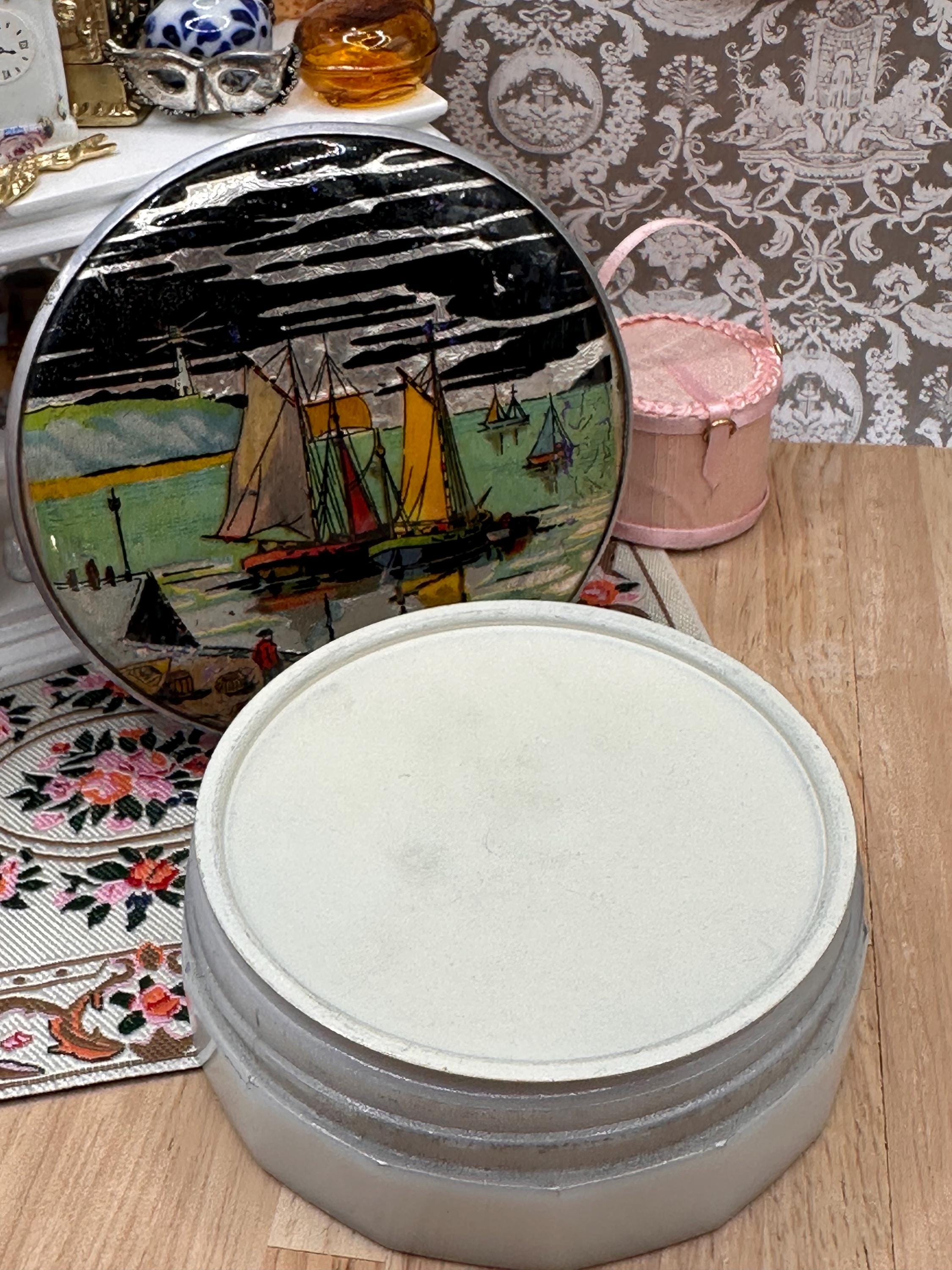 Vintage Gwenda Foiled Harbour Scene Powder Bowl with Original Puff & Inner Cover – Art Deco Milk Glass Vanity Powder Pot – Made in England