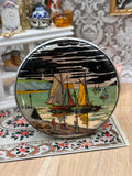 Vintage Gwenda Foiled Harbour Scene Powder Bowl with Original Puff & Inner Cover – Art Deco Milk Glass Vanity Powder Pot – Made in England