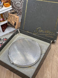 Vintage Stratton Silver Plated Powder Compact with Original Box & Pouch – Engine Turned Finish – 1950s English Vanity Collectible