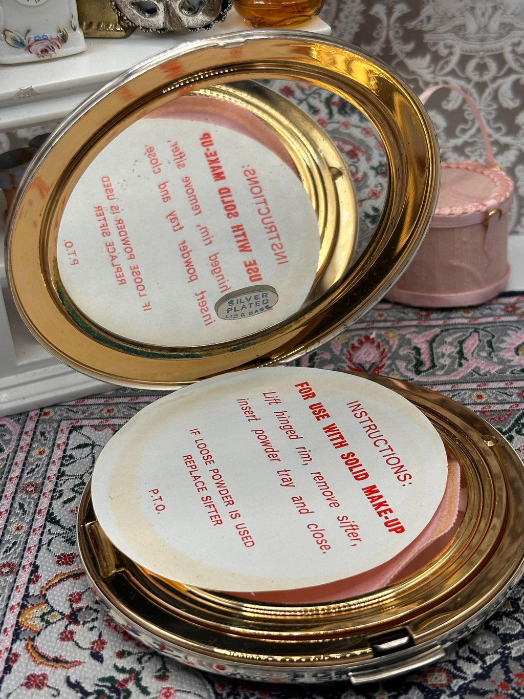 Vintage Stratton Silver Plated Powder Compact with Original Box & Pouch, Convertible Powder Compact, Engine Turned Gold Swirl Design