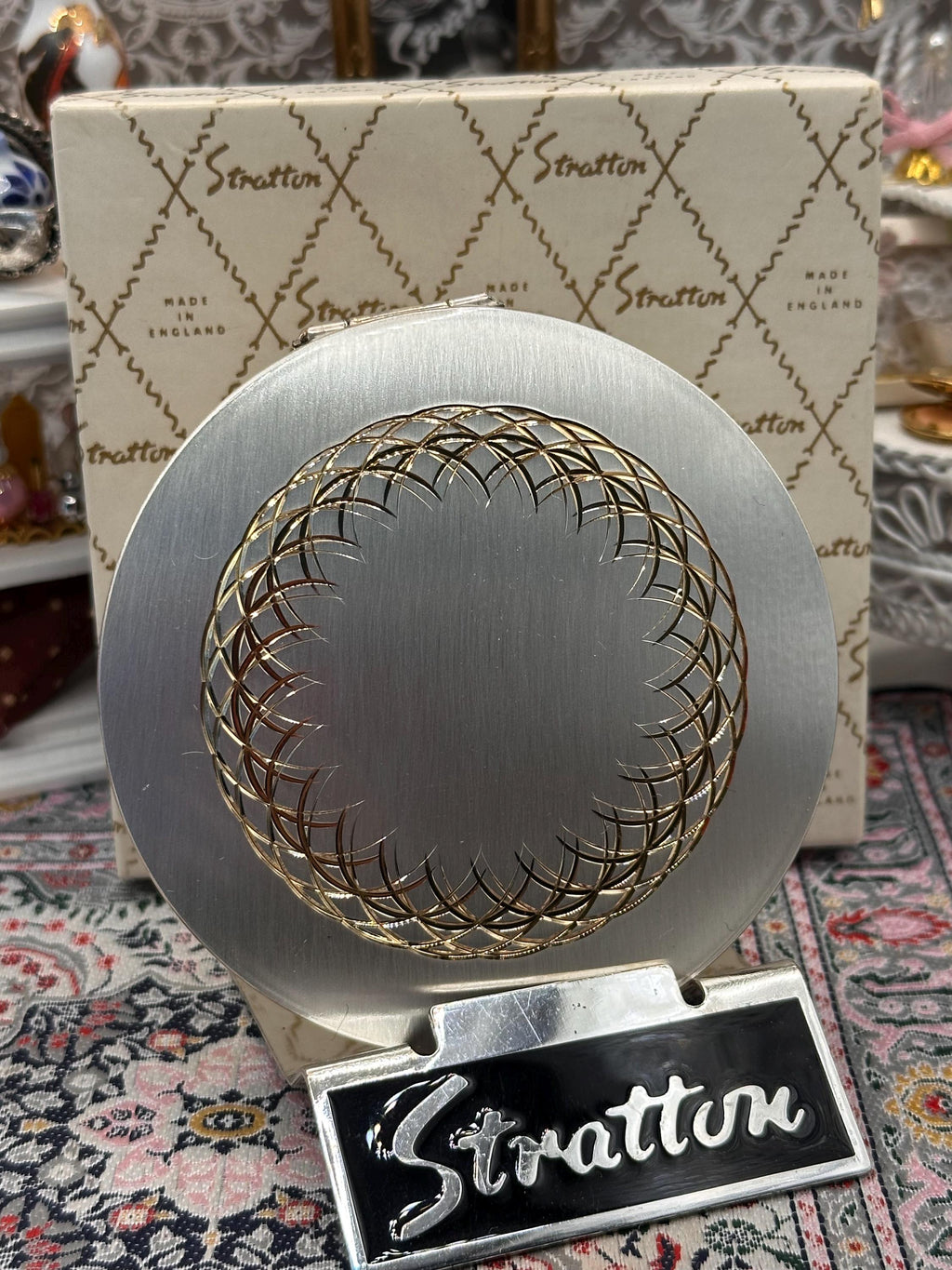 Vintage Stratton Silver Plated Powder Compact with Original Box & Pouch, Convertible Powder Compact, Engine Turned Gold Swirl Design