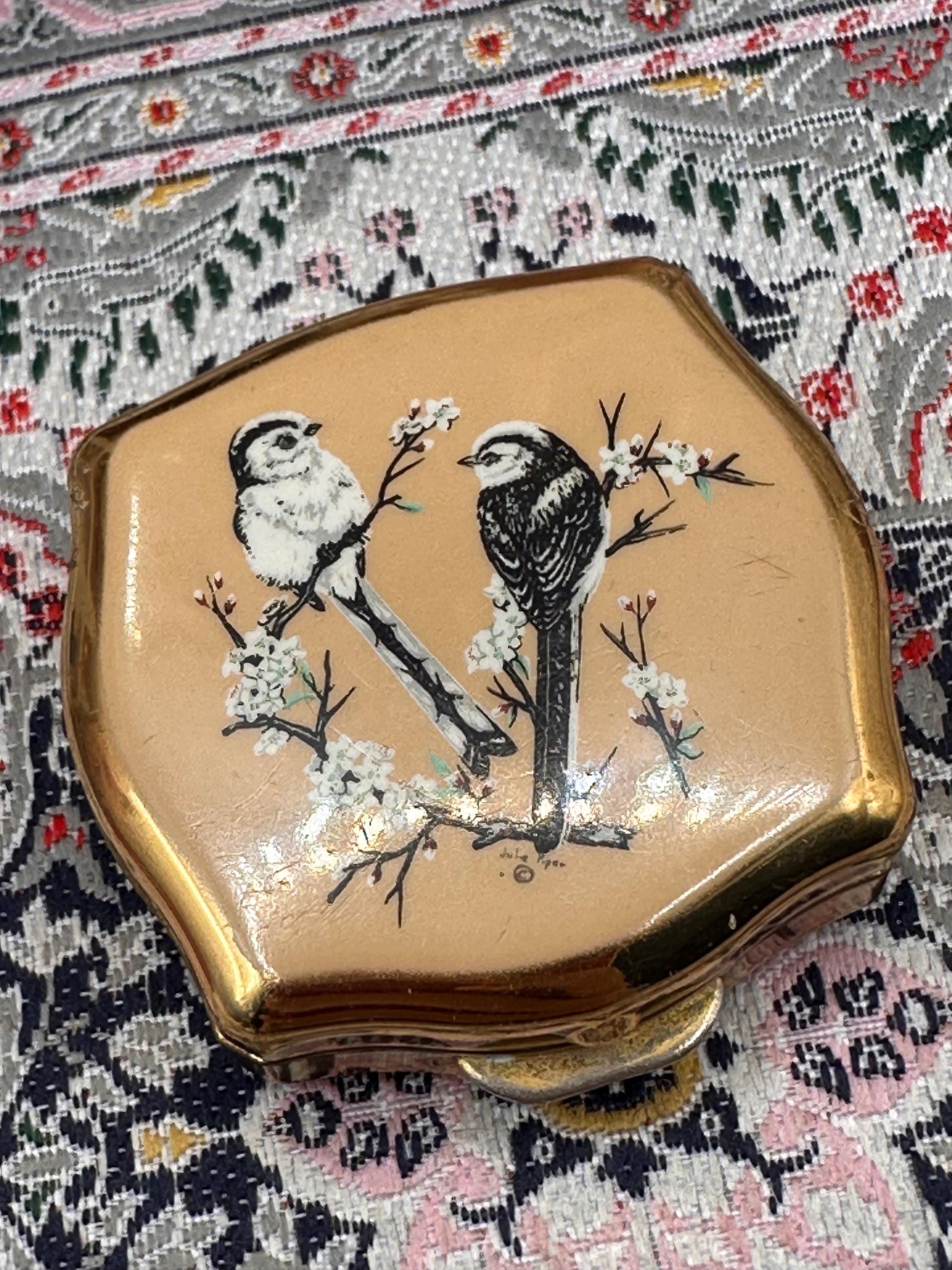 Vintage Stratton Pill Box Bird Design Trinket Box Gold Tone Vanity Box Made in England