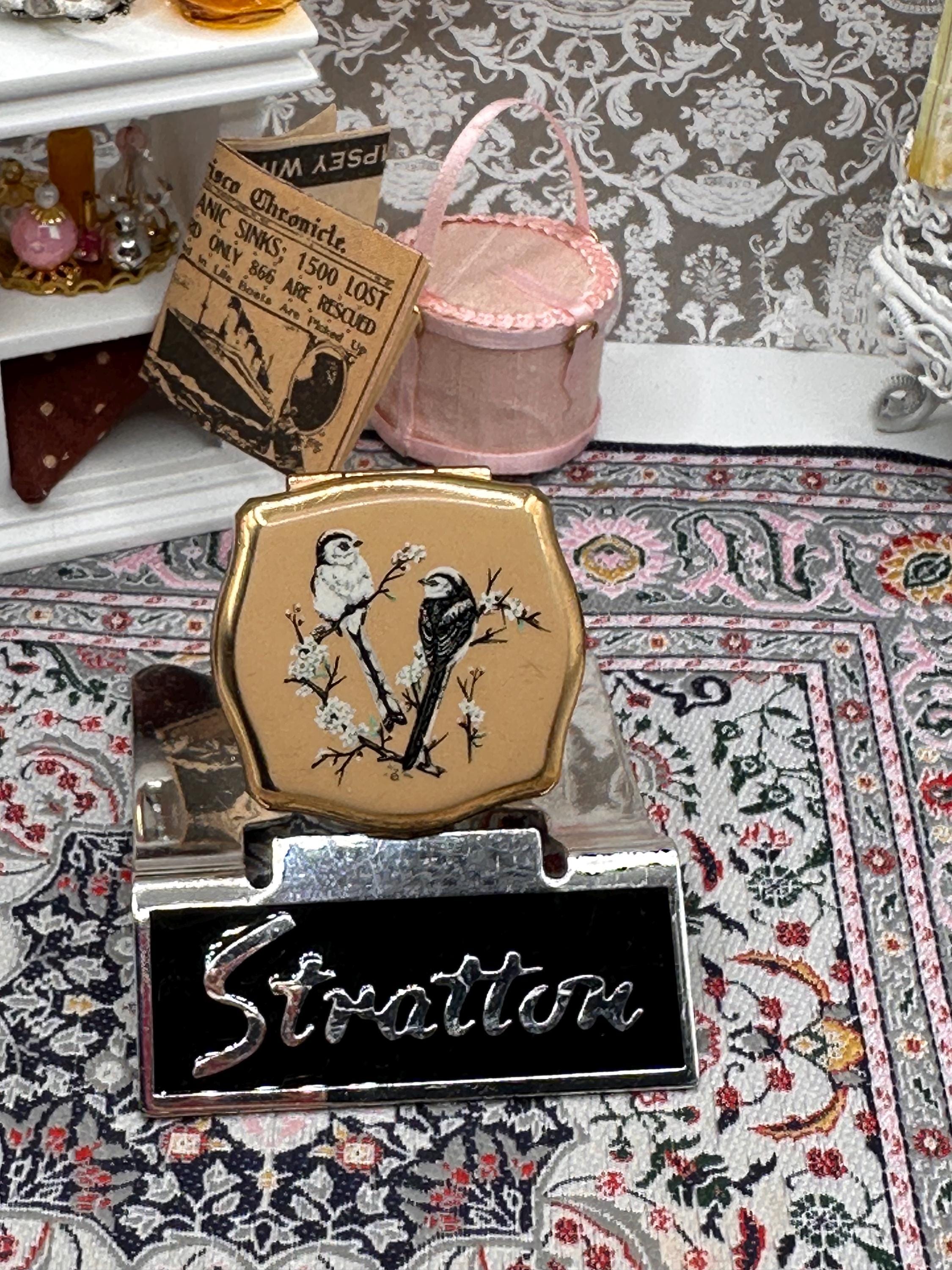 Vintage Stratton Pill Box Bird Design Trinket Box Gold Tone Vanity Box Made in England
