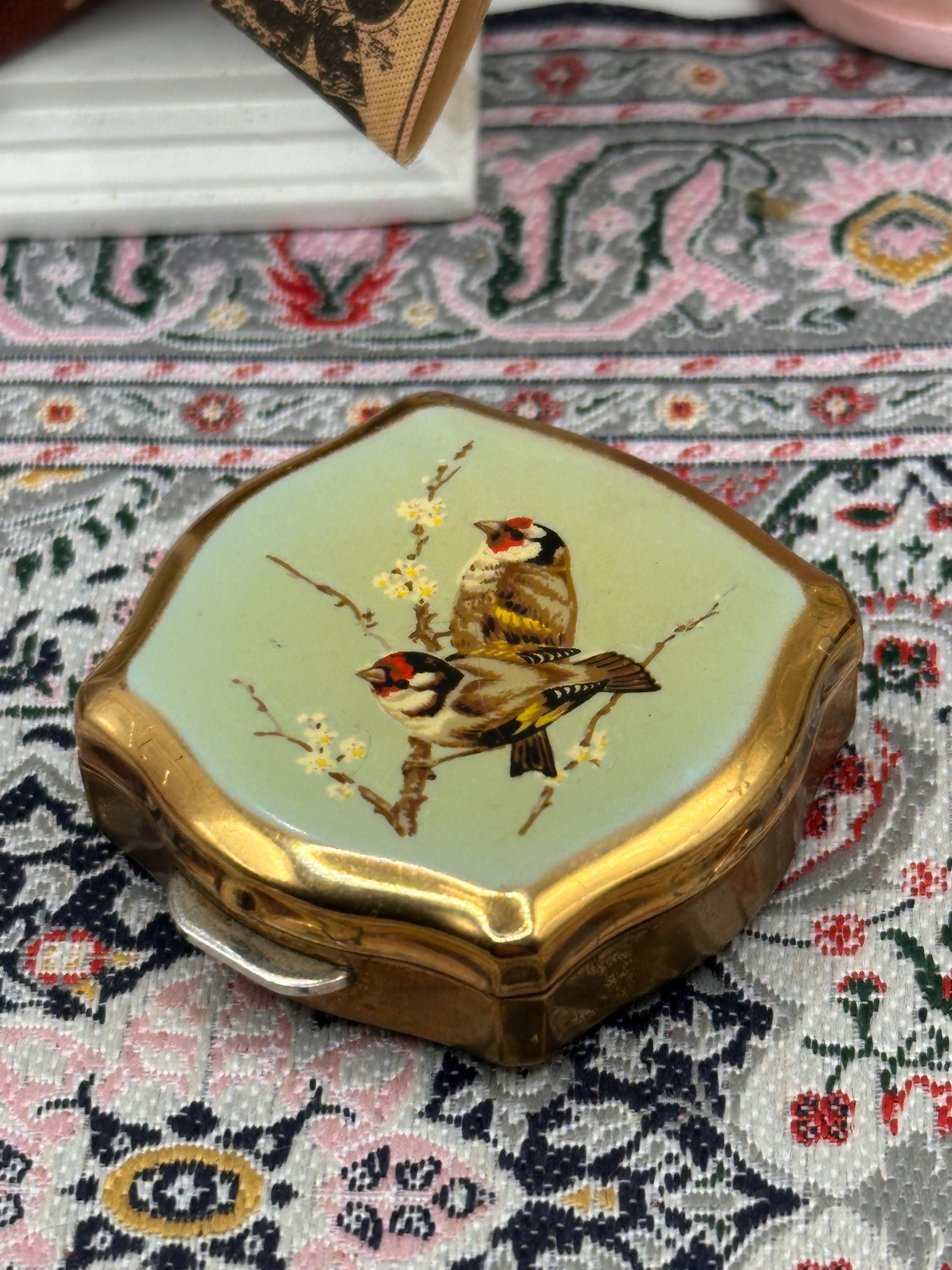 Vintage Stratton Pill Box Goldfinch Bird Design Trinket Box Vintage Vanity Box Made in England