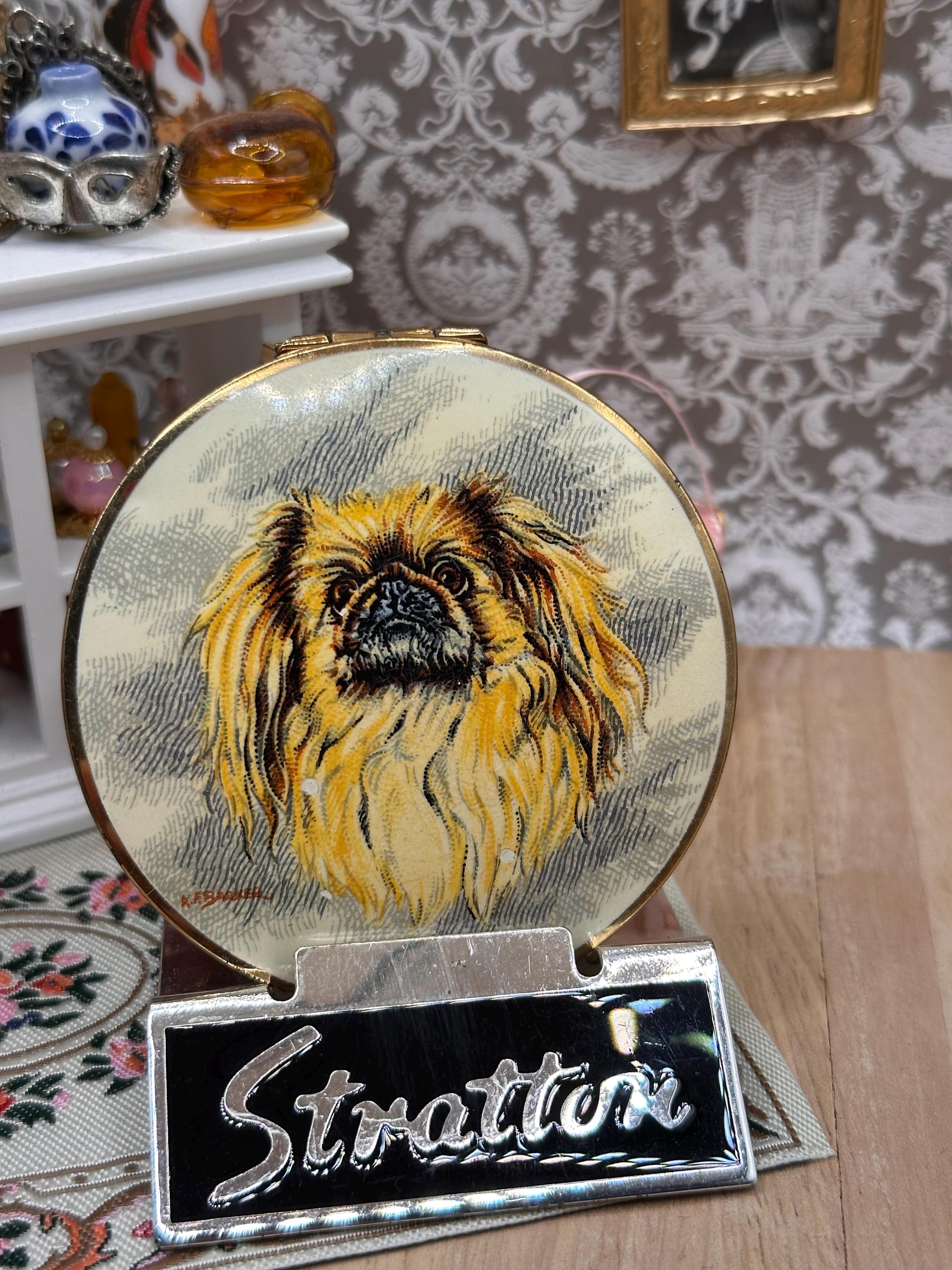 Vintage Stratton Pekingese Powder Compact England 7cm Enamel Dog Compact With Original Puff & Sifter