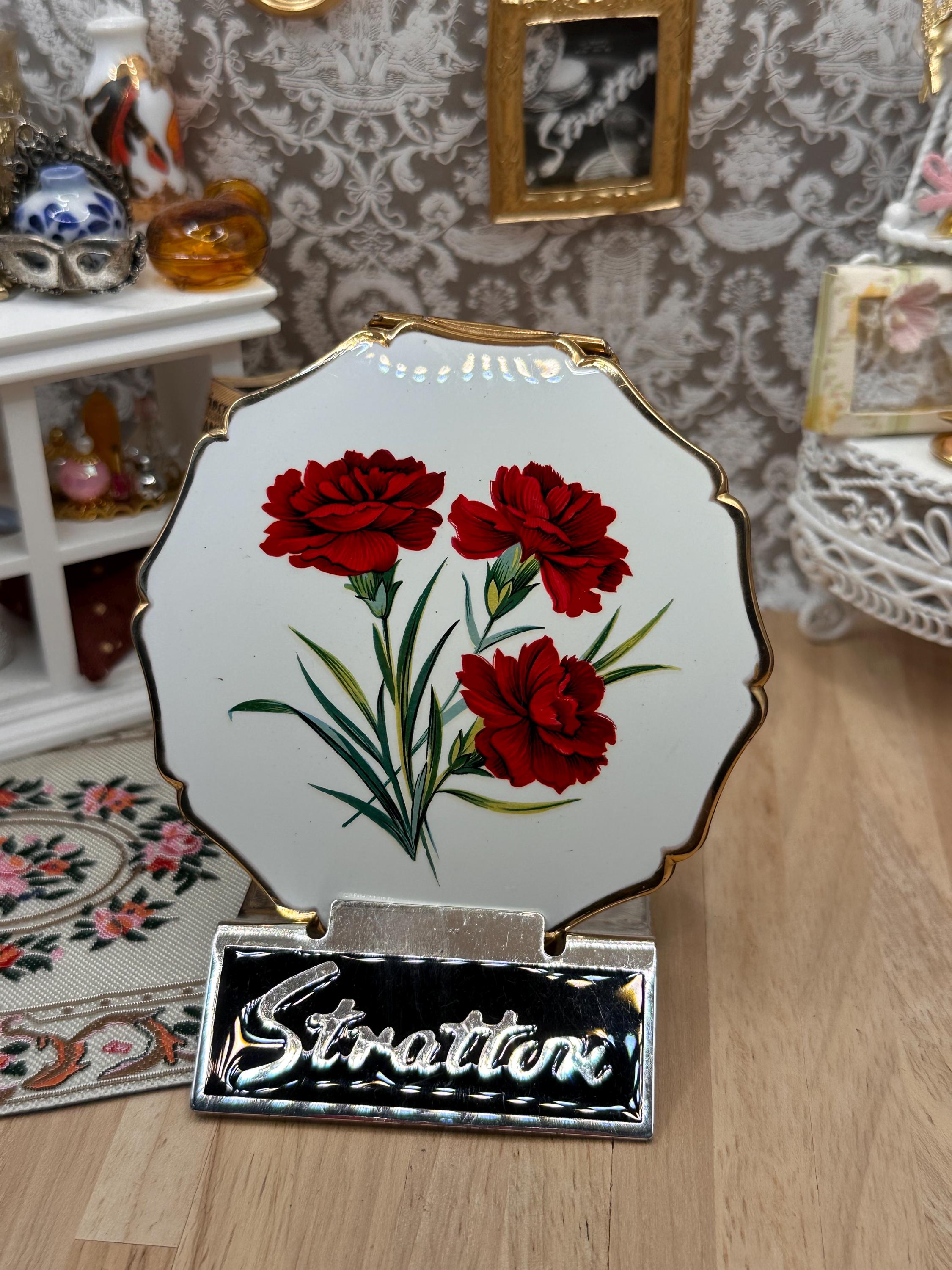 Vintage Stratton Princess Powder Compact Red Carnations White Enamel 8cm Convertible Compact with Sifter Made in England