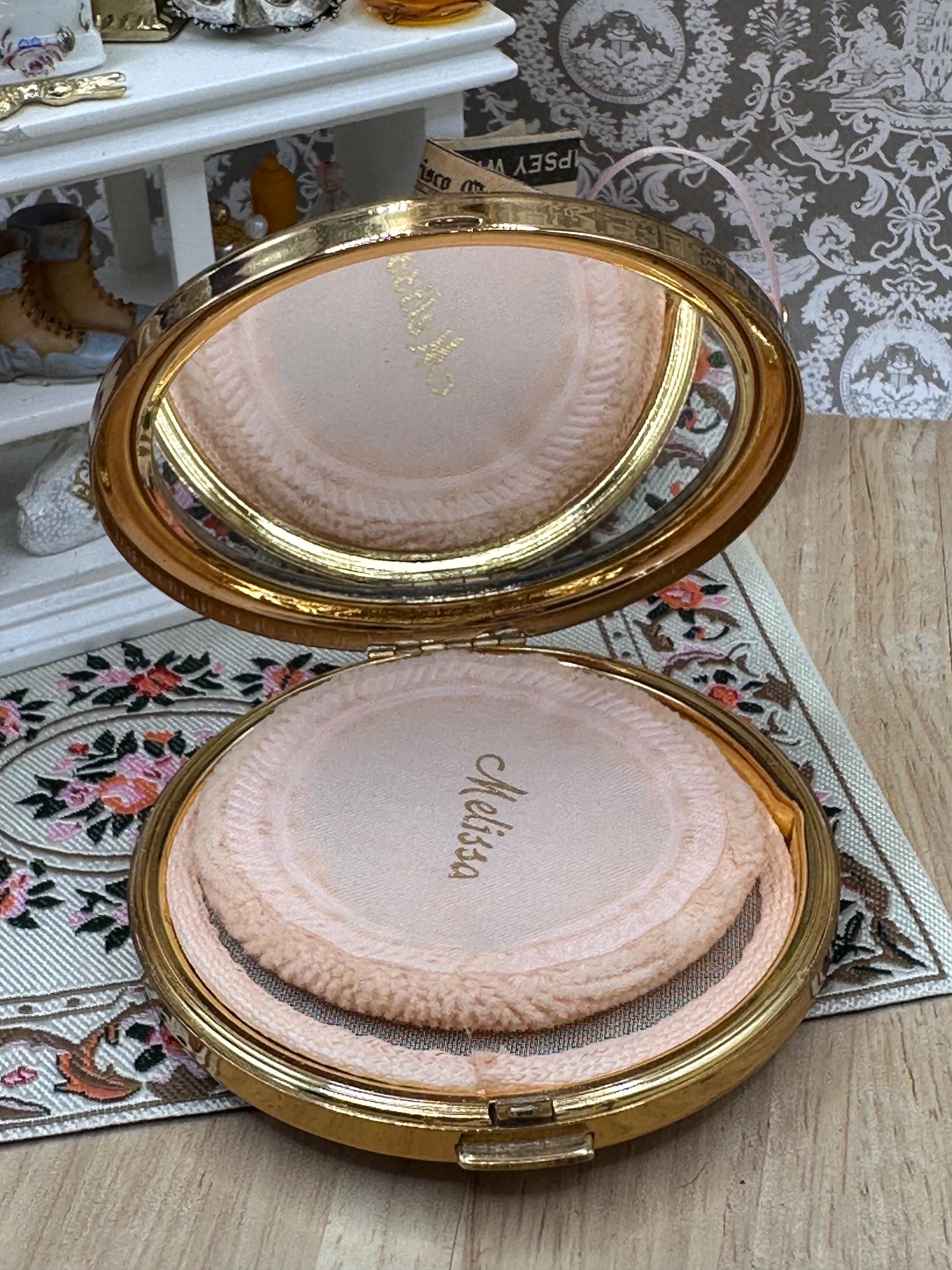 Vintage Melissa Mother of Pearl Powder Compact Iridescent Mosaic Inlay 7.5cm with Original Puff and Sifter