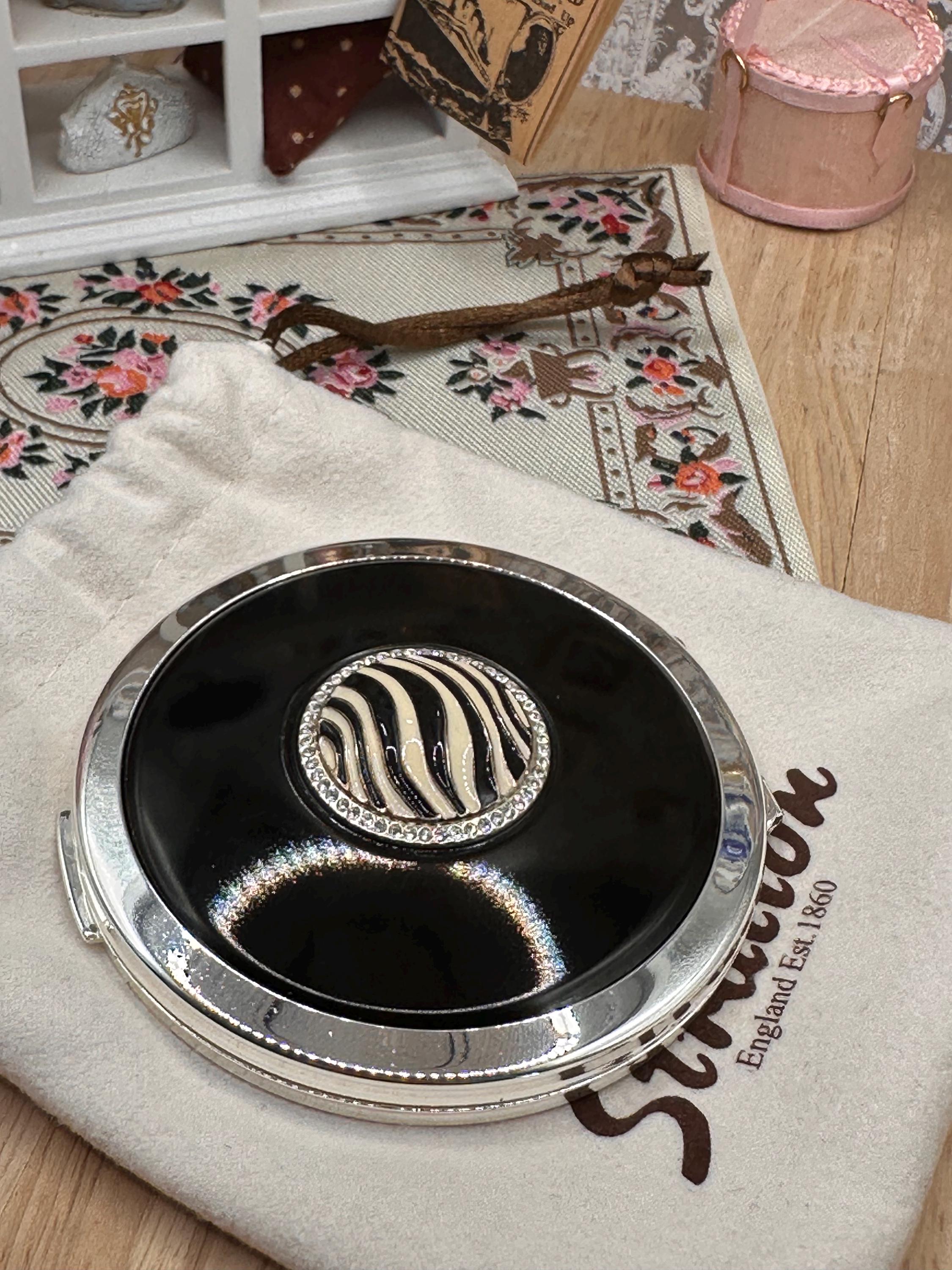Vintage Boxed Stratton Heritage Collection Zebra Enamel Compact Mirror with Original Pouch 7cm Made in England