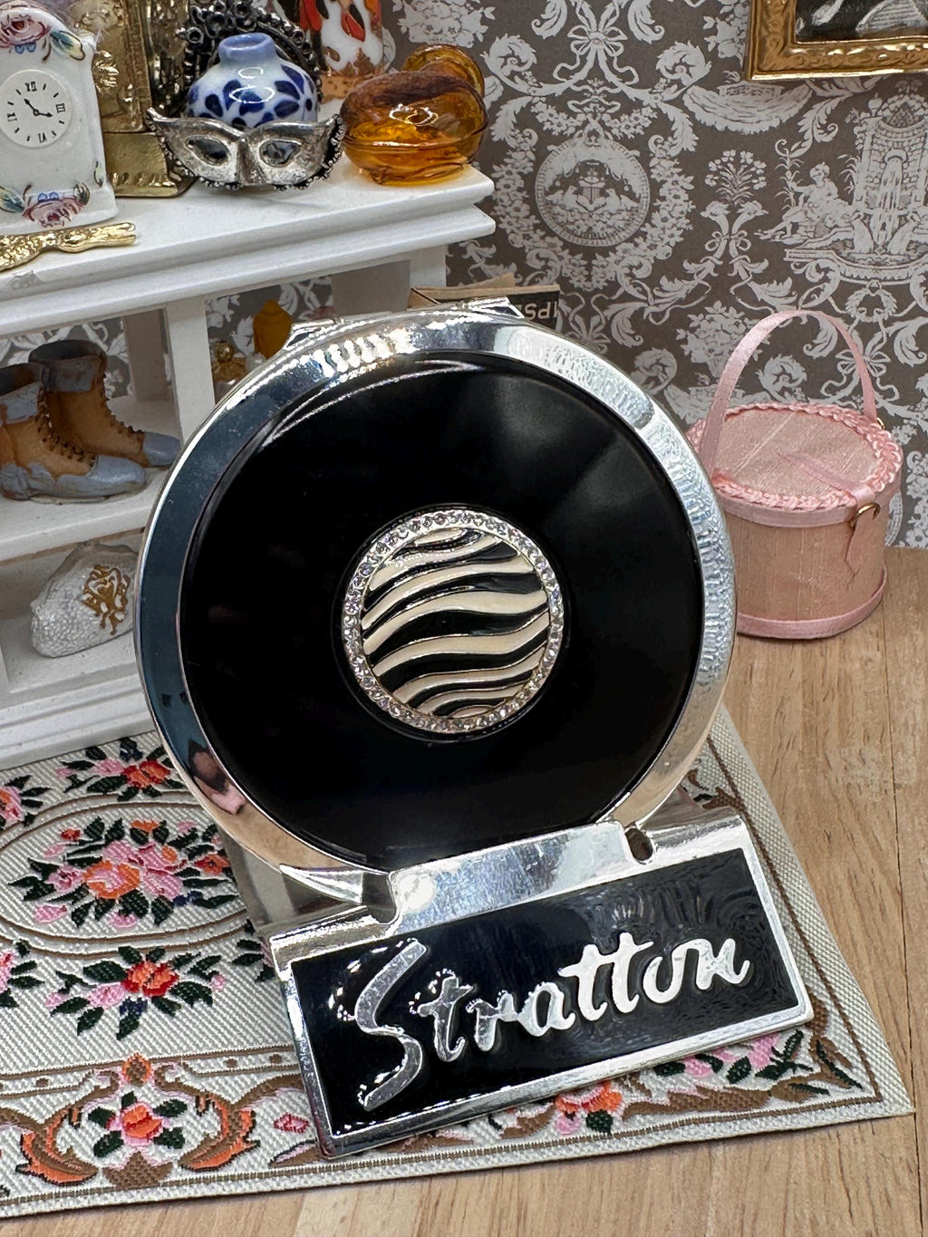 Vintage Boxed Stratton Heritage Collection Zebra Enamel Compact Mirror with Original Pouch 7cm Made in England