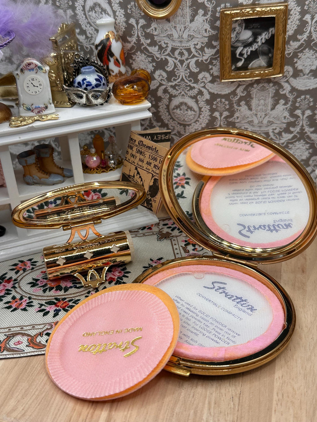 Vintage Stratton Boxed Powder Compact & Lip View Mirror Set, Unused, Made in England
