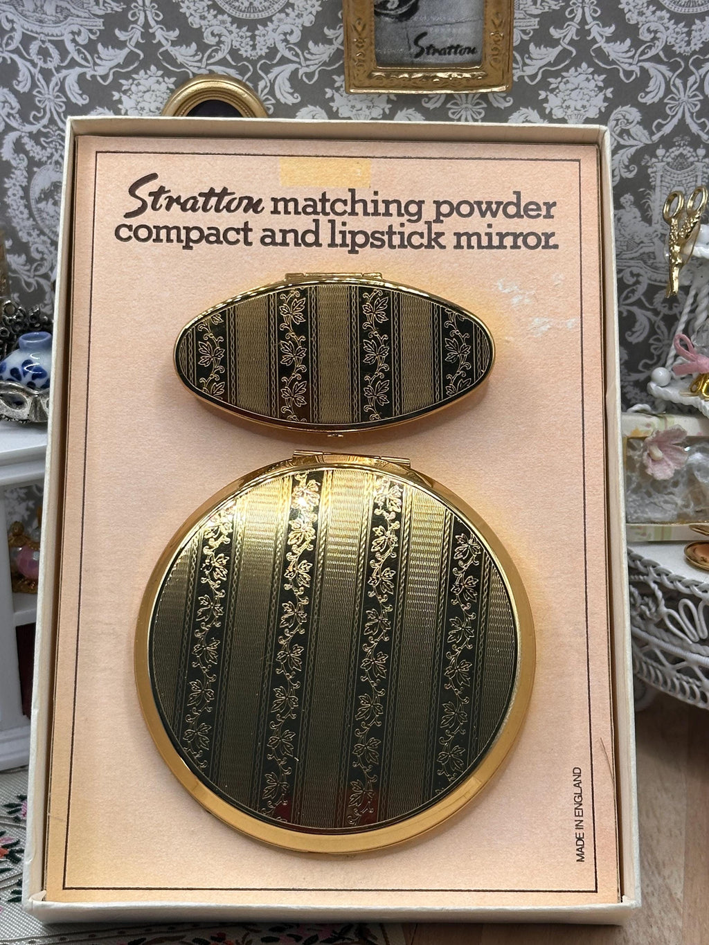 Vintage Stratton Boxed Powder Compact & Lip View Mirror Set, Unused, Made in England