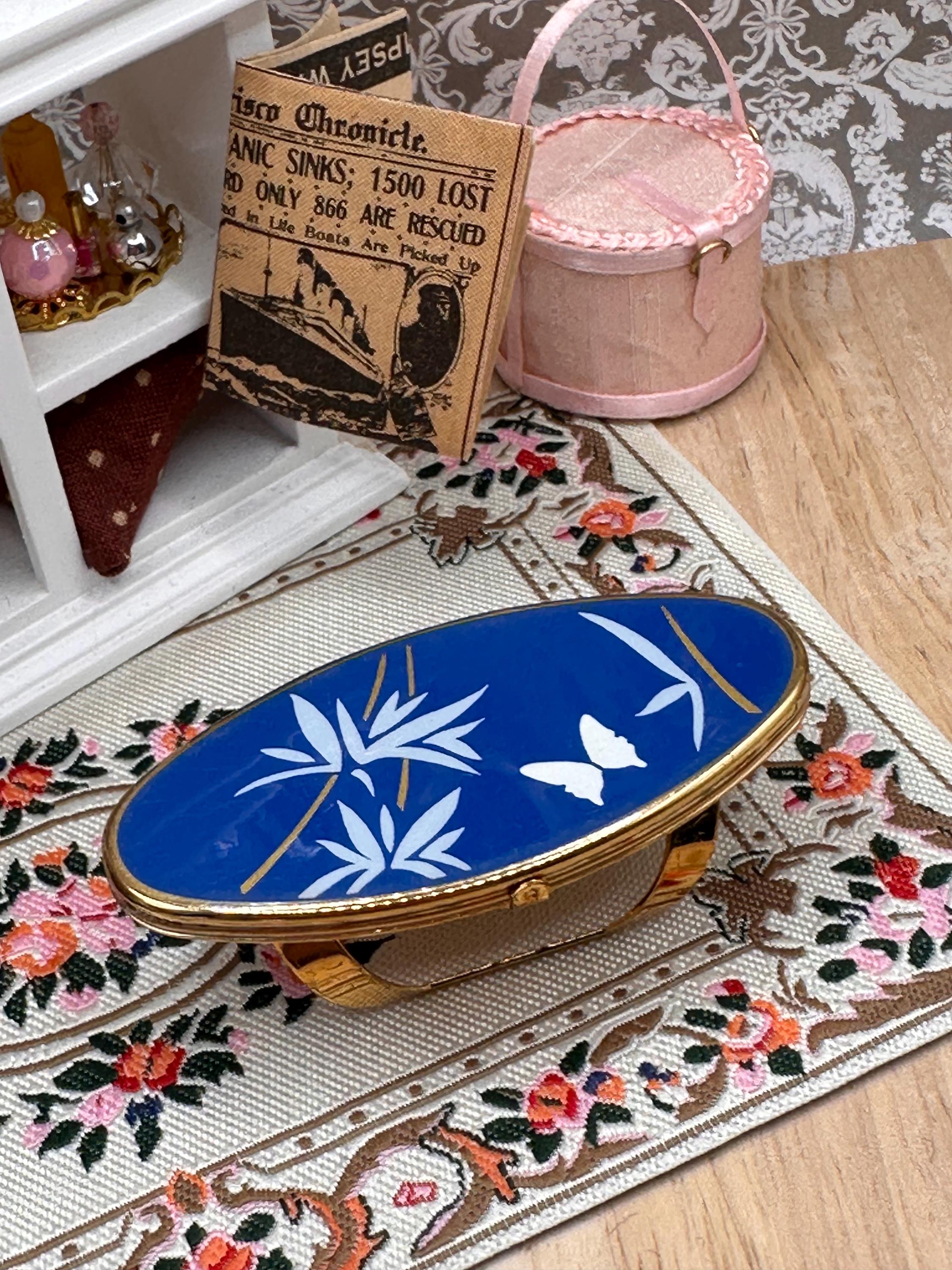 Vintage Stratton Lipview Mirror Blue Enamel Butterfly Bamboo Design Gold Tone Made in England