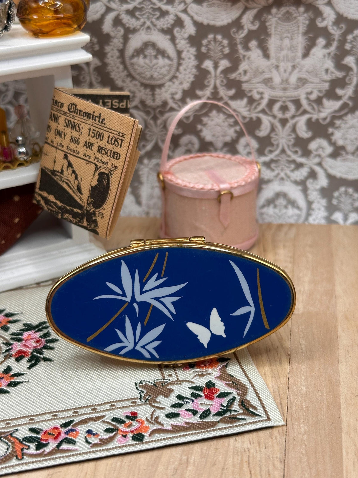 Vintage Stratton Lipview Mirror Blue Enamel Butterfly Bamboo Design Gold Tone Made in England