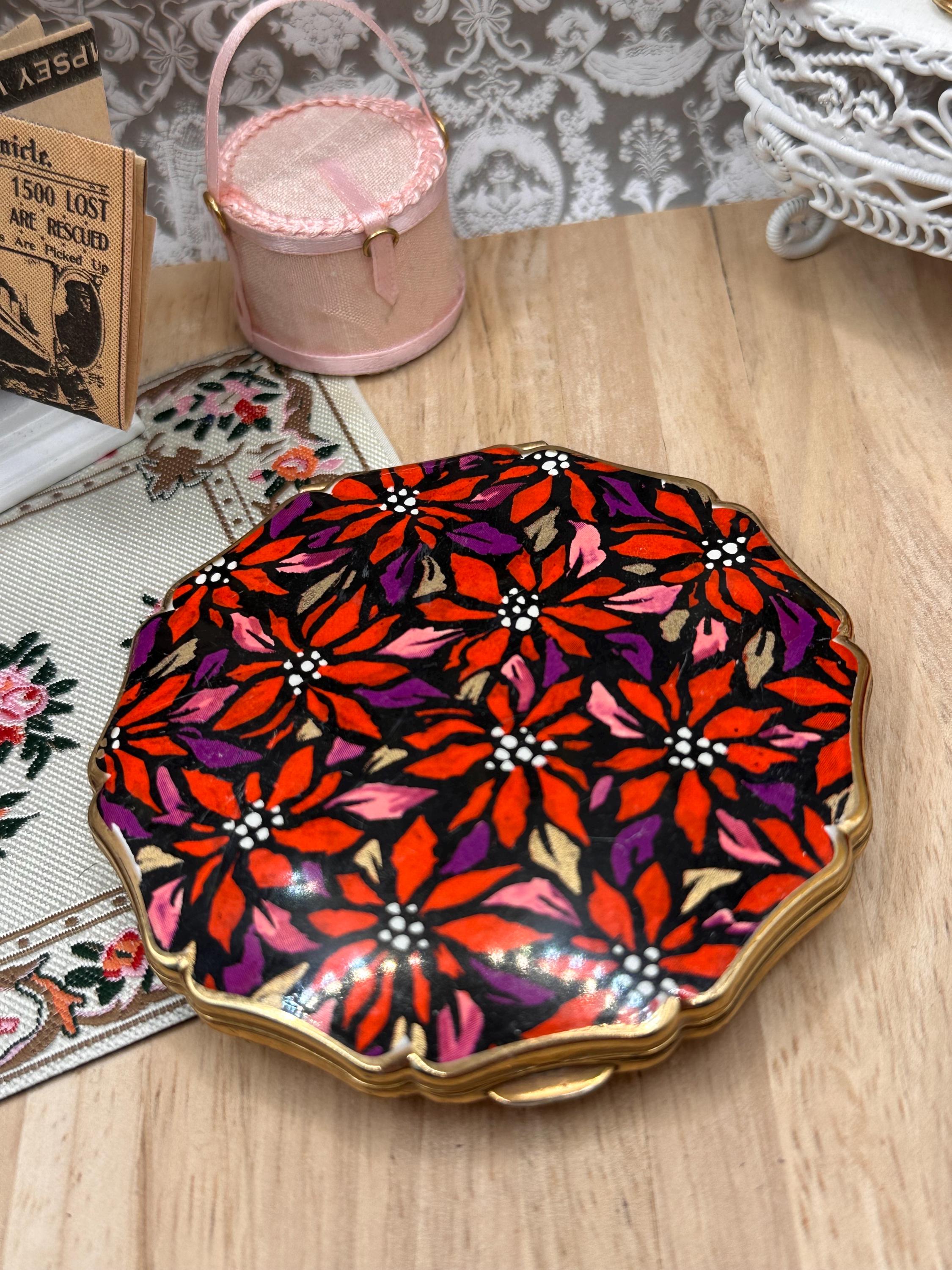 Vintage Stratton Powder Compact Red Floral Design Gold Tone Mirror Compact Made in England