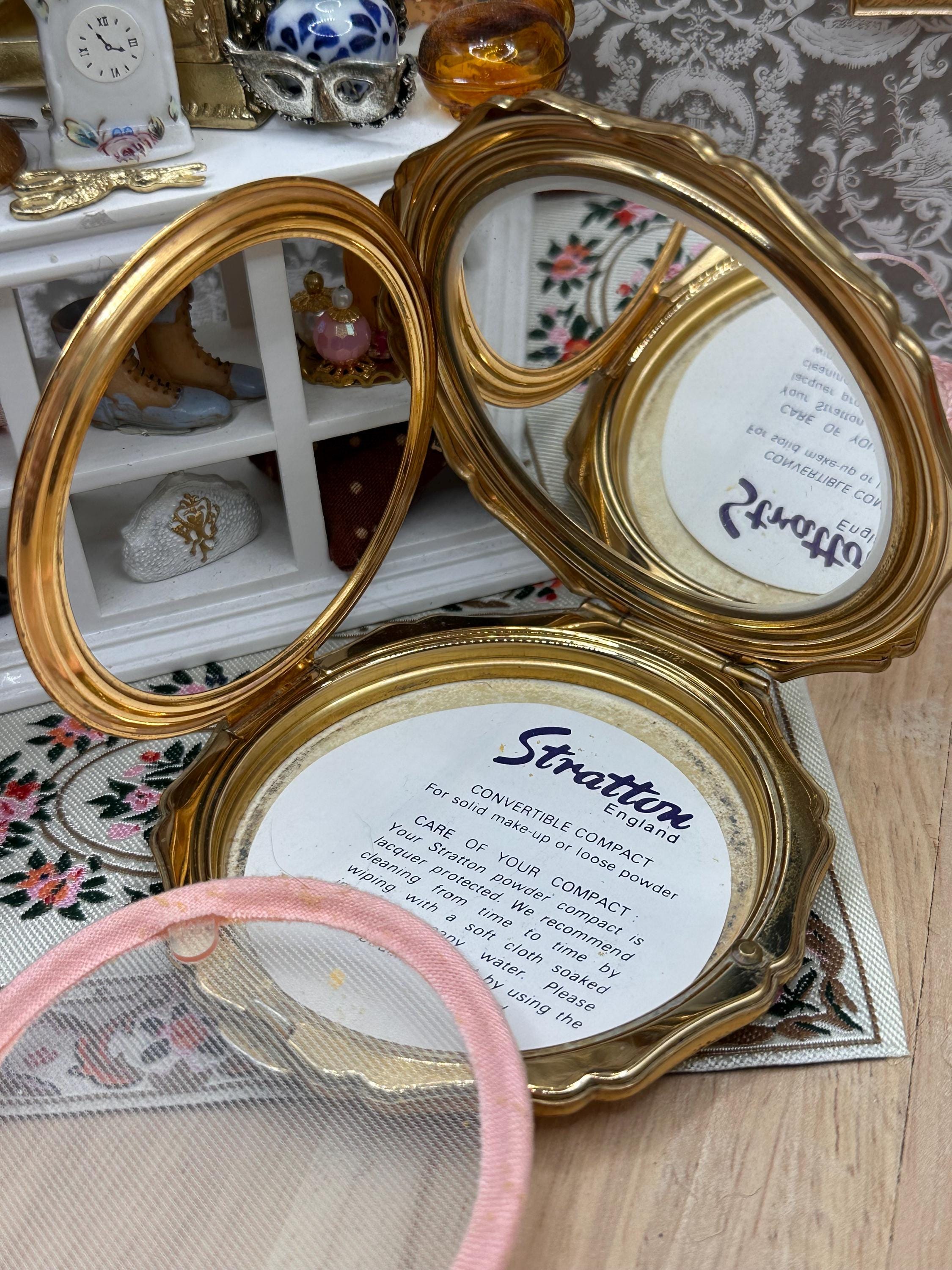 Vintage Stratton Mother of Pearl Powder Compact with Original Box, Pouch & Sifter – Convertible Compact – England