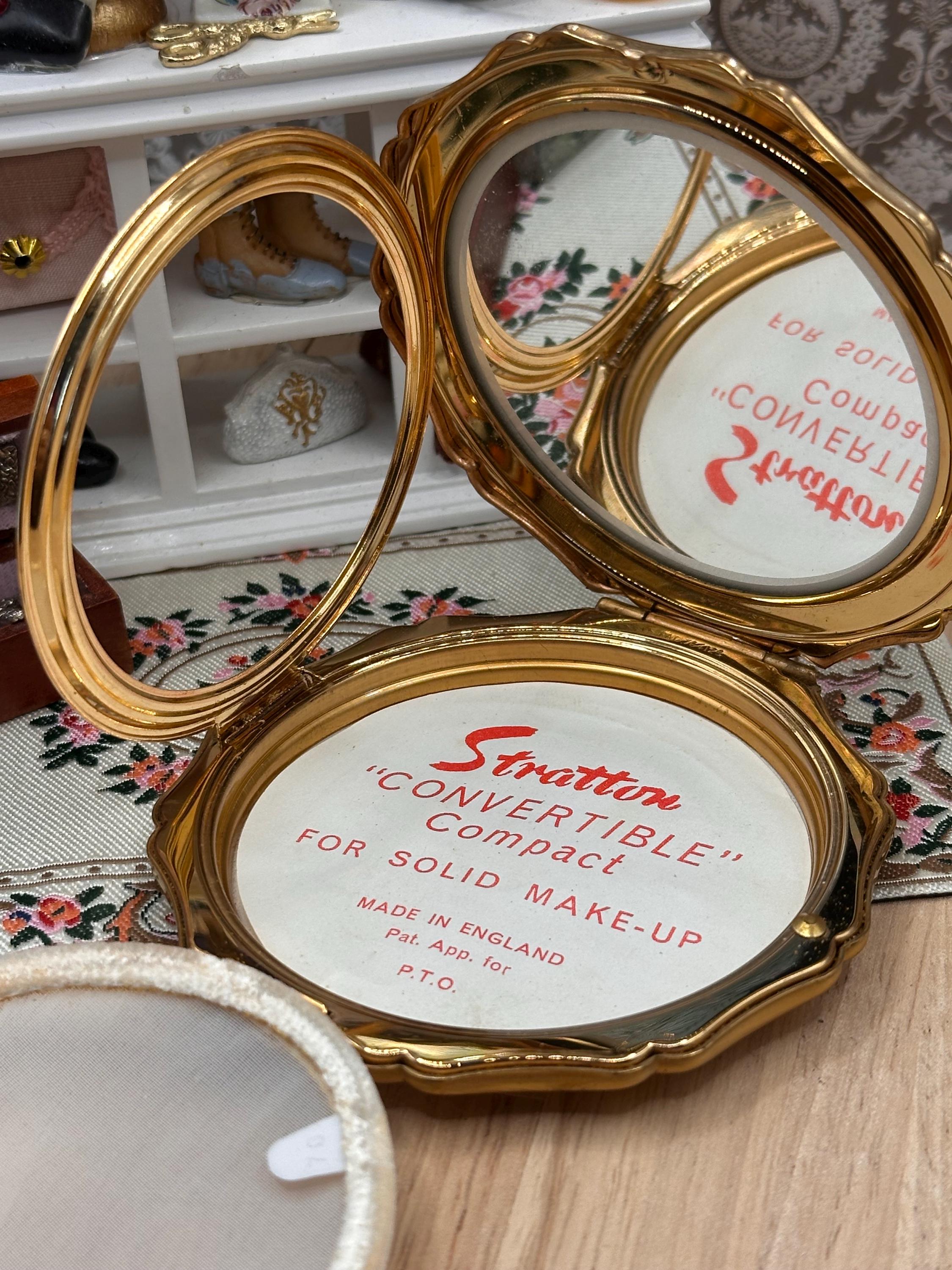 Vintage Stratton Convertible Powder Compact 8.5cm | Faux Wood Inlay Compact Mirror | Made in England | Mid Century Vanity