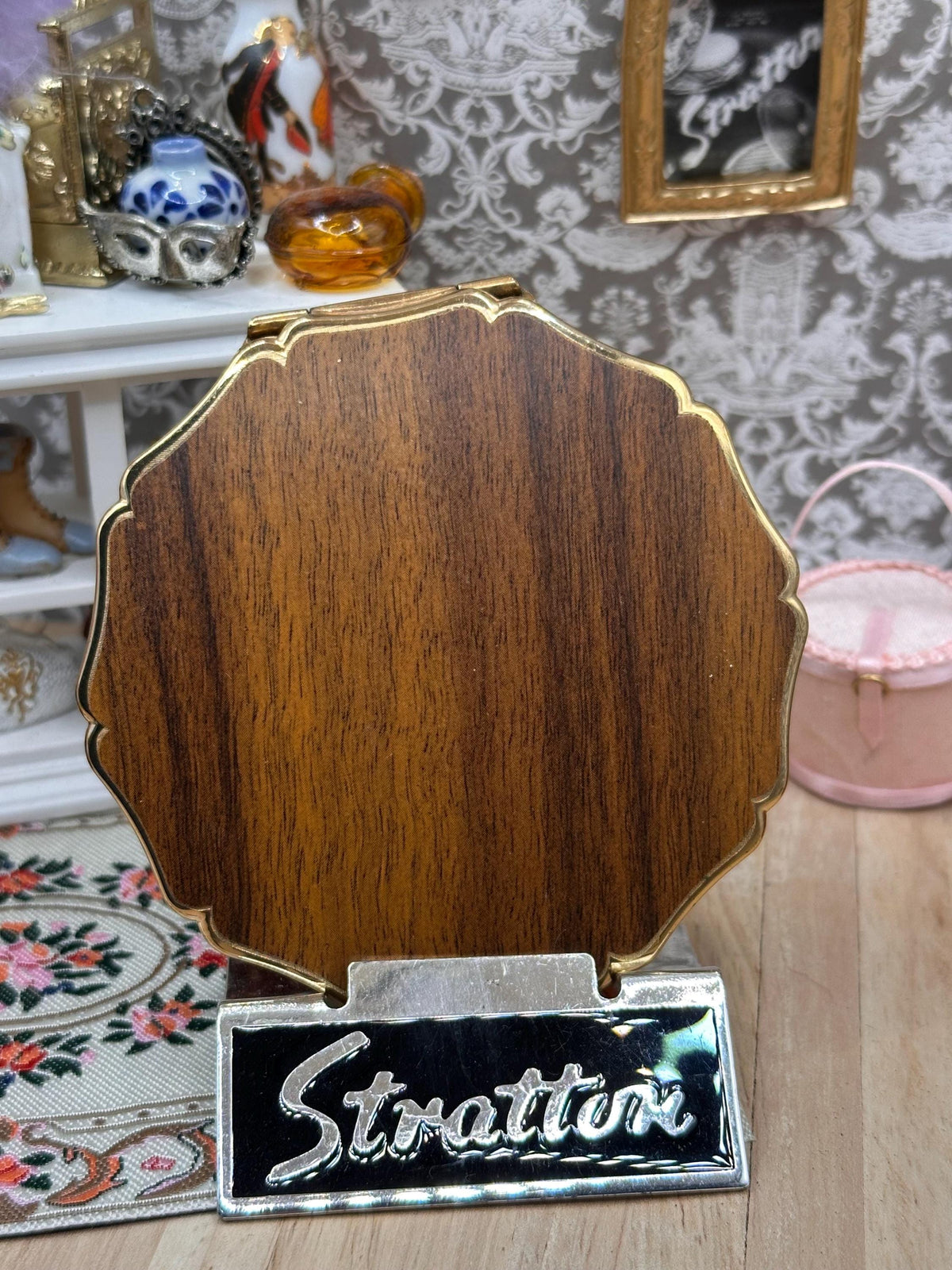 Vintage Stratton Convertible Powder Compact 8.5cm | Faux Wood Inlay Compact Mirror | Made in England | Mid Century Vanity